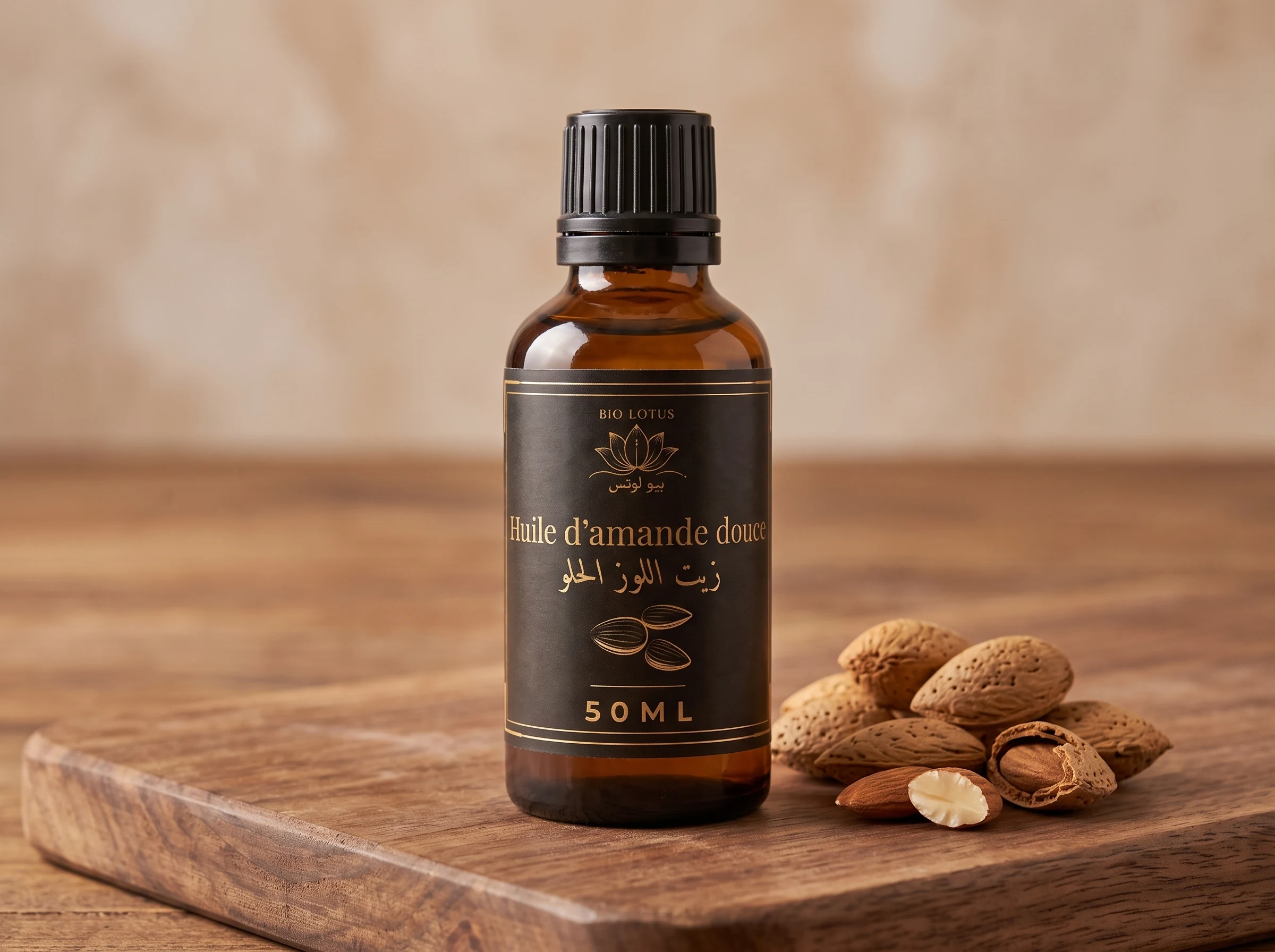 Huile d'amande douce Bio Lotus avec amandes entières et décortiquées sur planche en bois - origine naturelle Tunisie