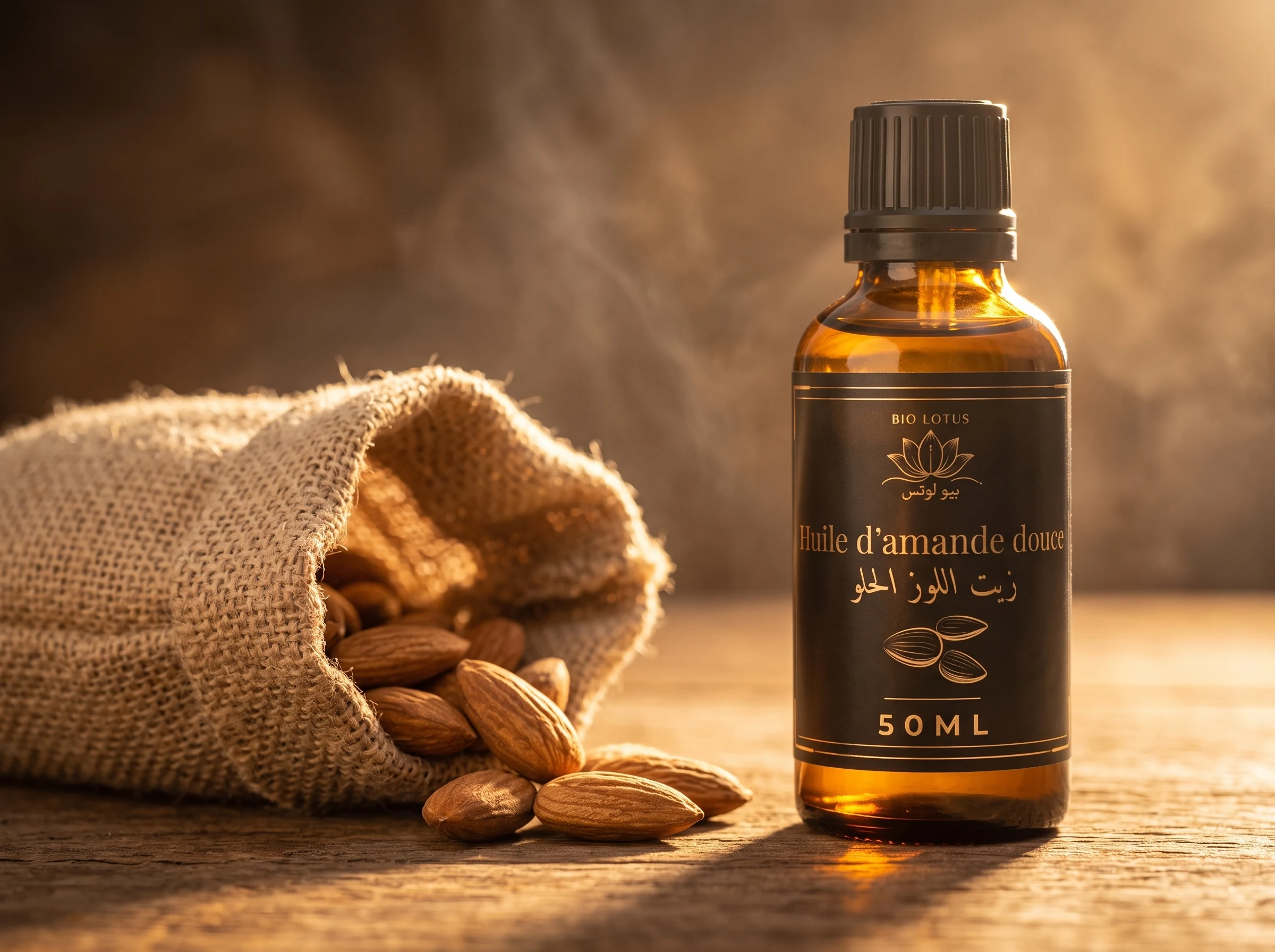 Huile d'amande douce première pression à froid Bio Lotus - amandes fraîches en sac de toile, pureté artisanale
