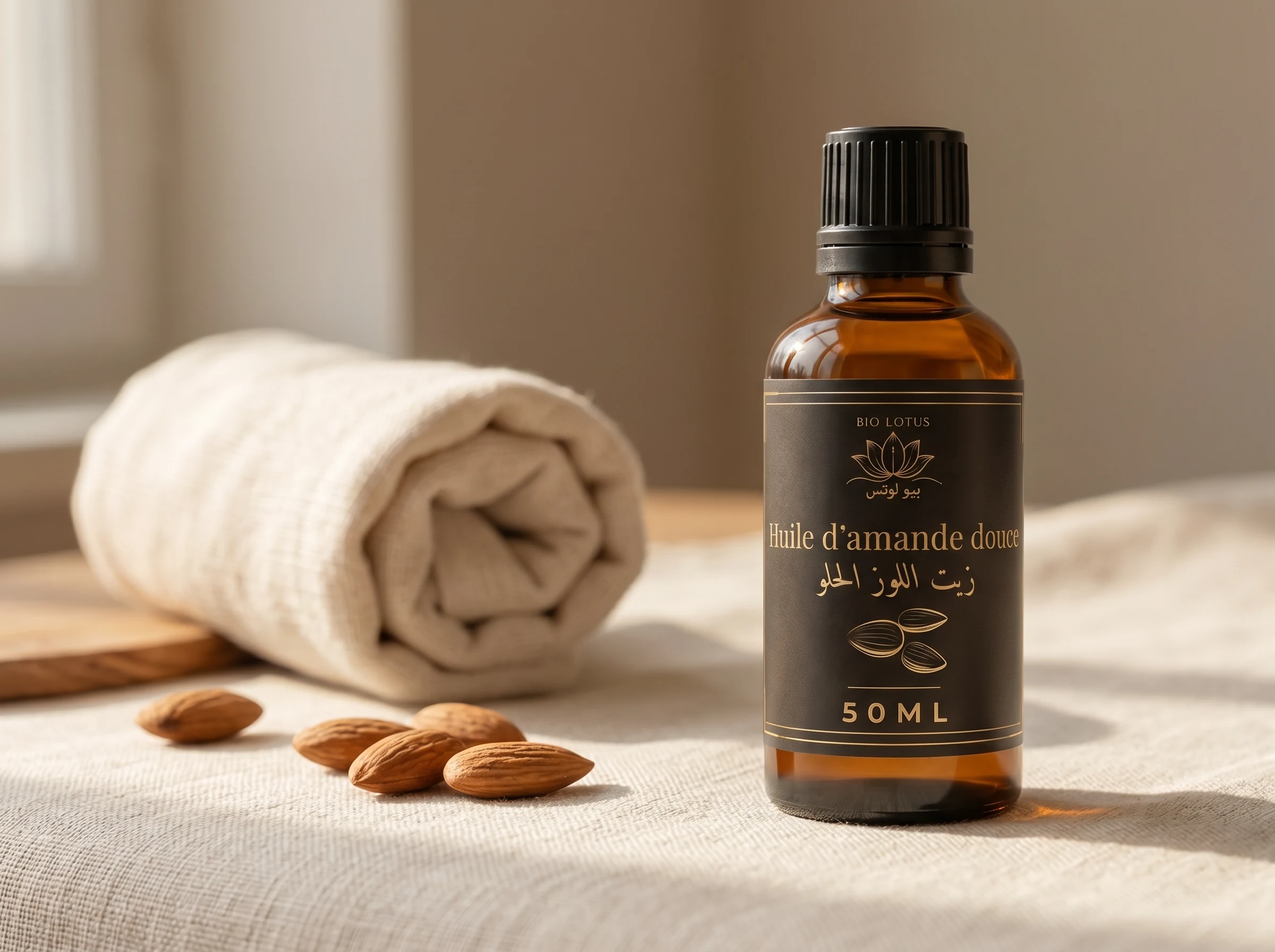 Huile d'amande douce Bio Lotus pour massage - flacon avec serviette et amandes, rituel bien-être