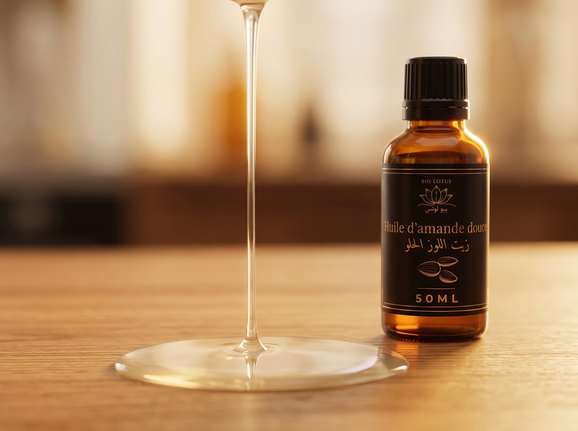 Texture dorée et fluide de l'huile d'amande douce Bio Lotus en écoulement sur bois