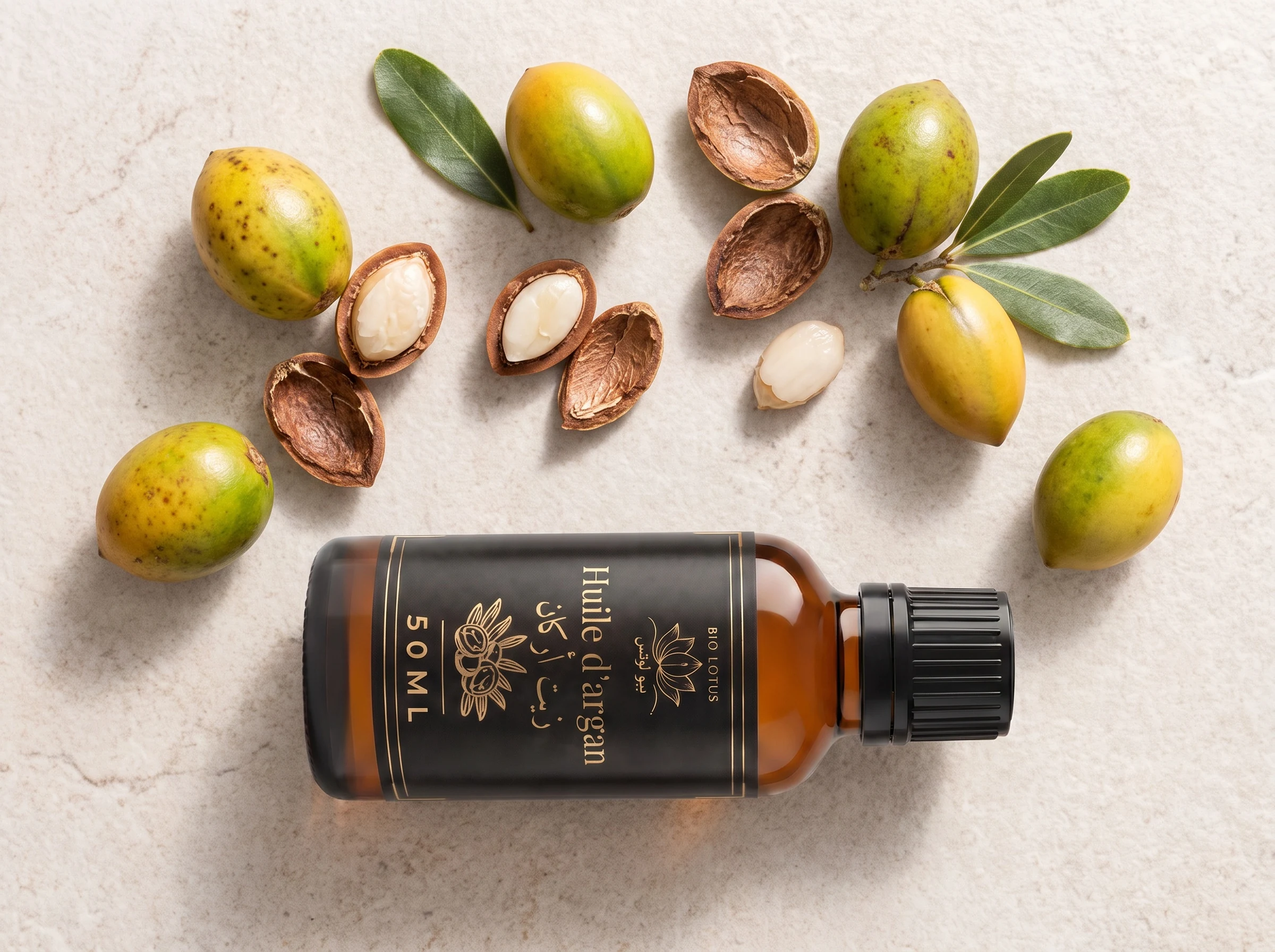 Flacon d’huile d’argan Bio Lotus avec amandons d’argan