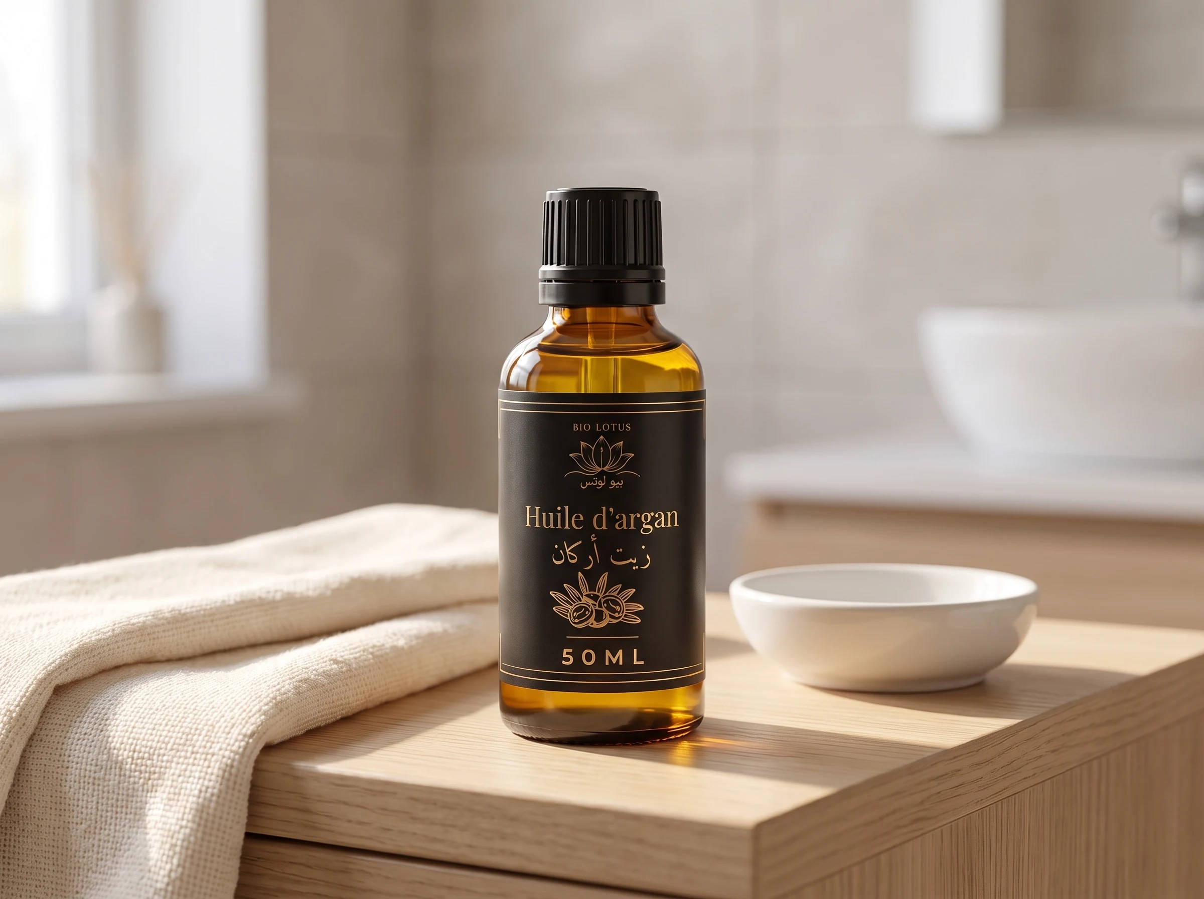 Flacon d’huile d’argan dans un décor de soin