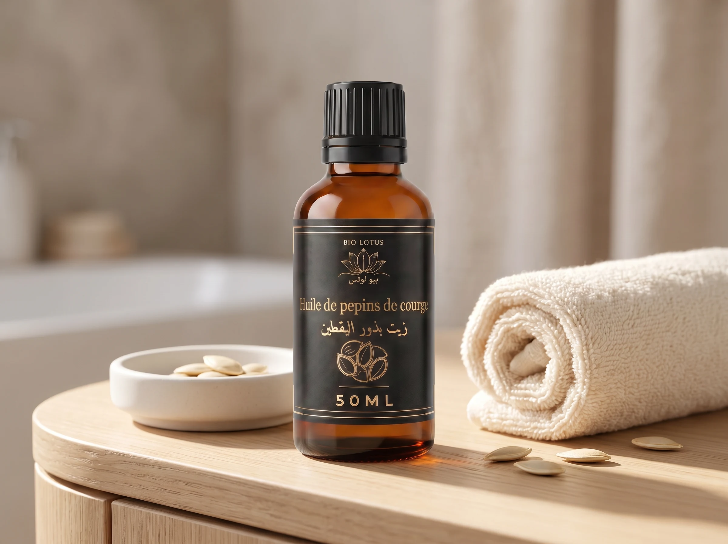Flacon d'huile de courge Bio Lotus dans une salle de bain, pour le soin de la peau sèche