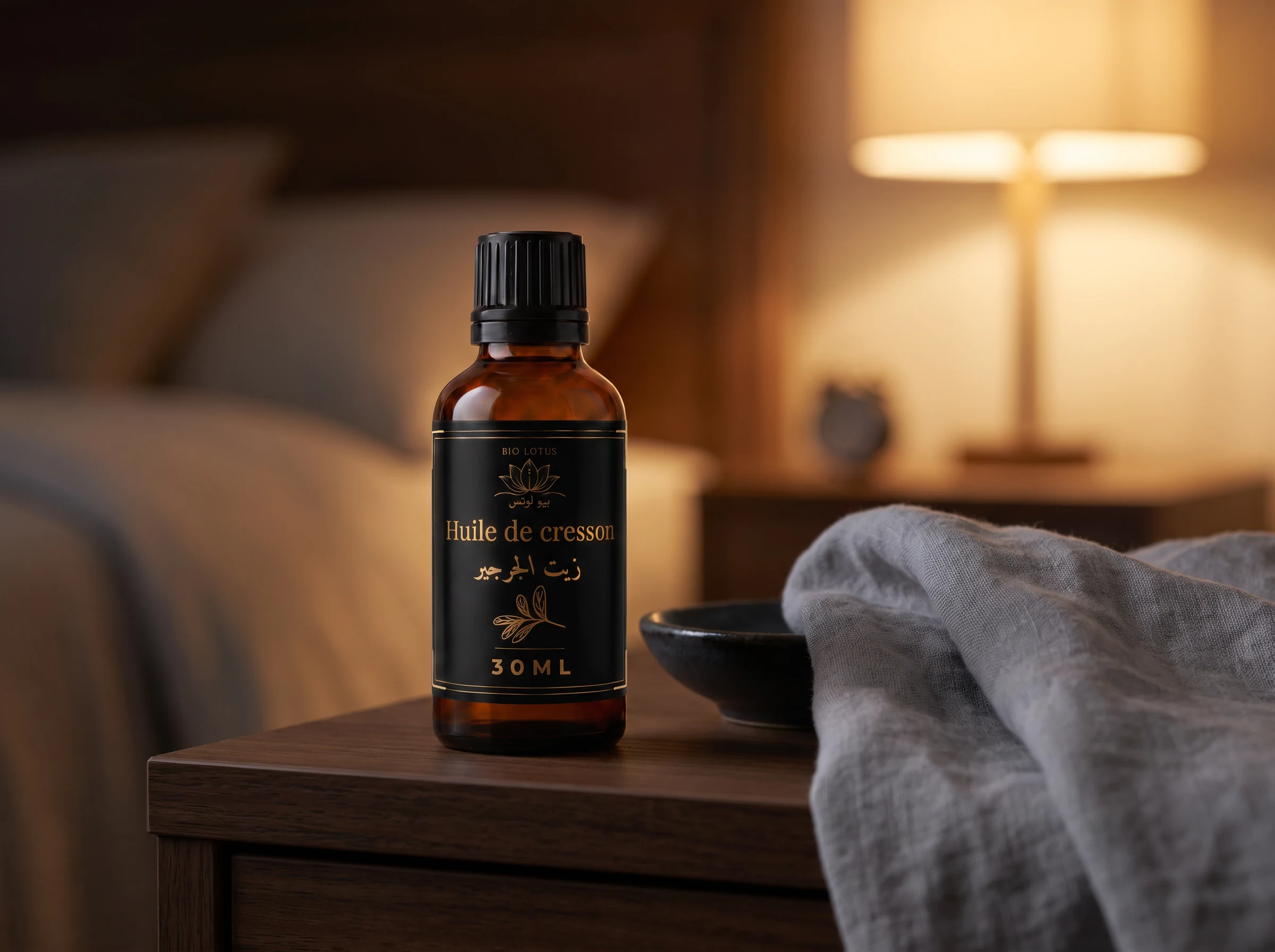 Masque de nuit intensif à l’huile de cresson Bio Lotus posé sur une table de chevet, ambiance cocooning