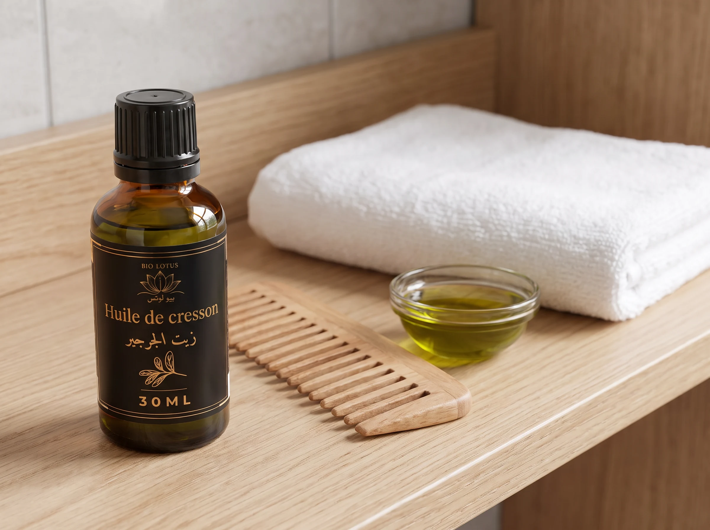 Massage du cuir chevelu avant shampooing avec l’huile de cresson Bio Lotus, peigne en bois et serviette blanche