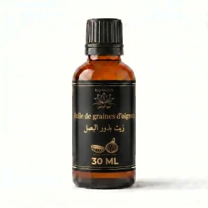 Huile de graines d’oignon Bio Lotus 30ml, flacon ambré étiquette noire et or