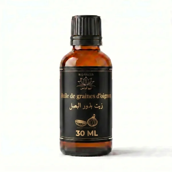 Huile de graines d’oignon Bio Lotus 30ml, flacon ambré étiquette noire et or