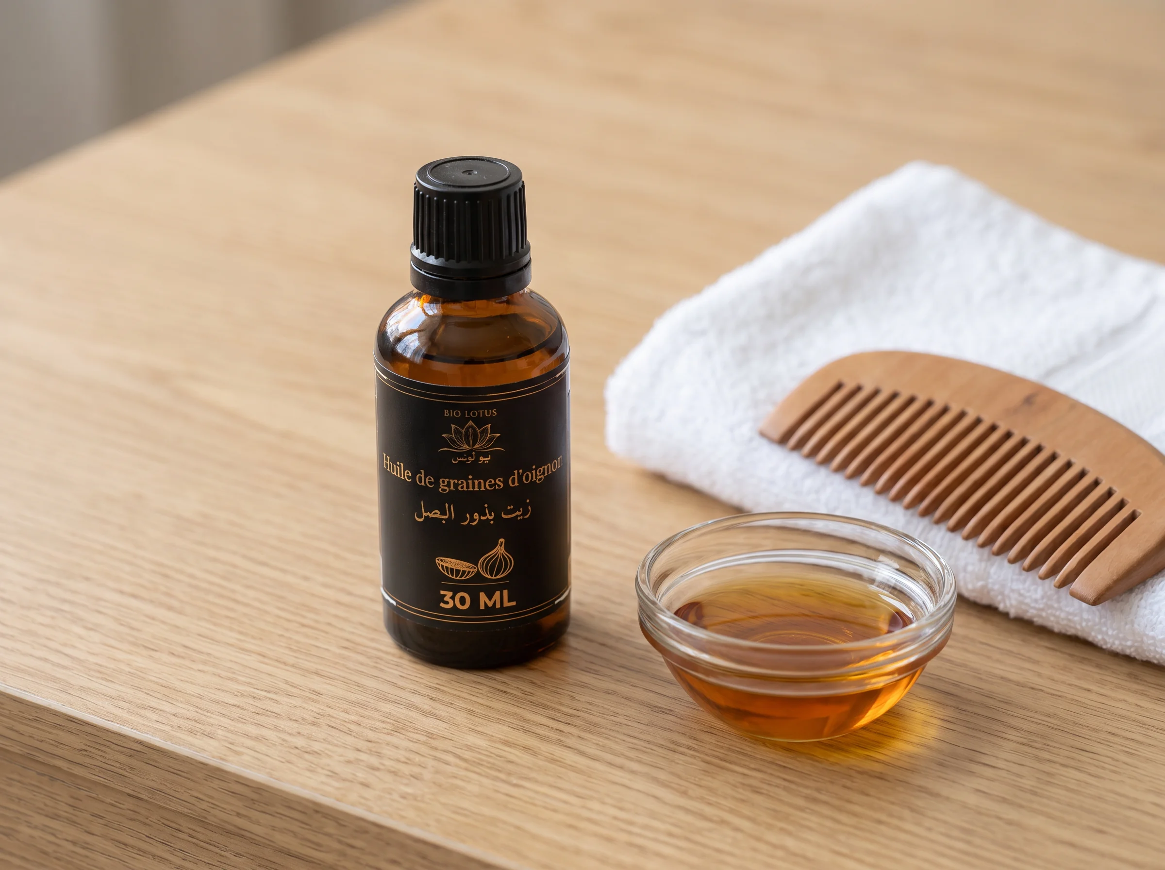 Huile de graines d’oignon Bio Lotus pour masque avant-shampooing, avec peigne en bois et serviette