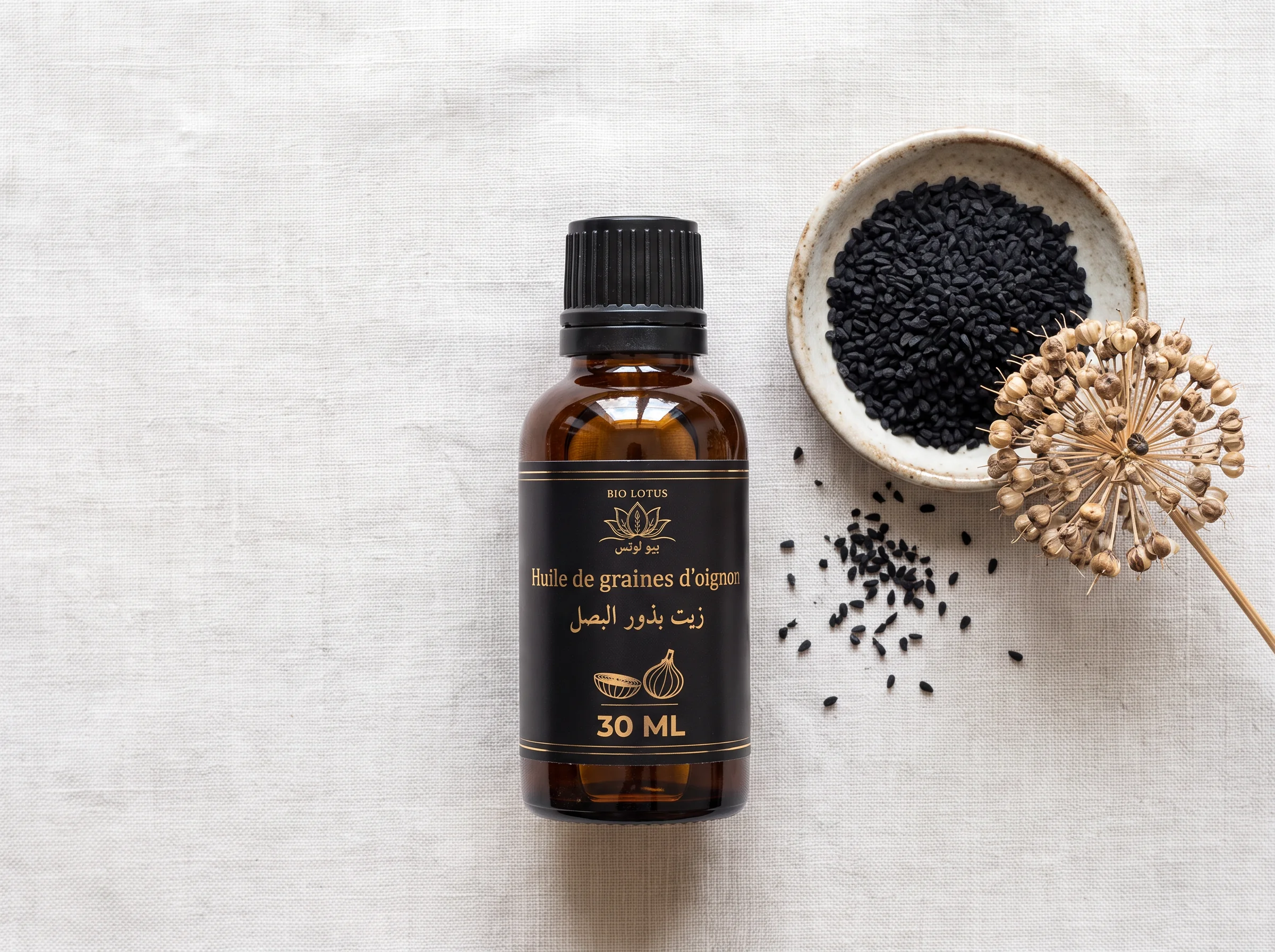 Huile de graines d’oignon Bio Lotus 30ml posée près de graines noires et d’une fleur d’allium séchée, origine botanique