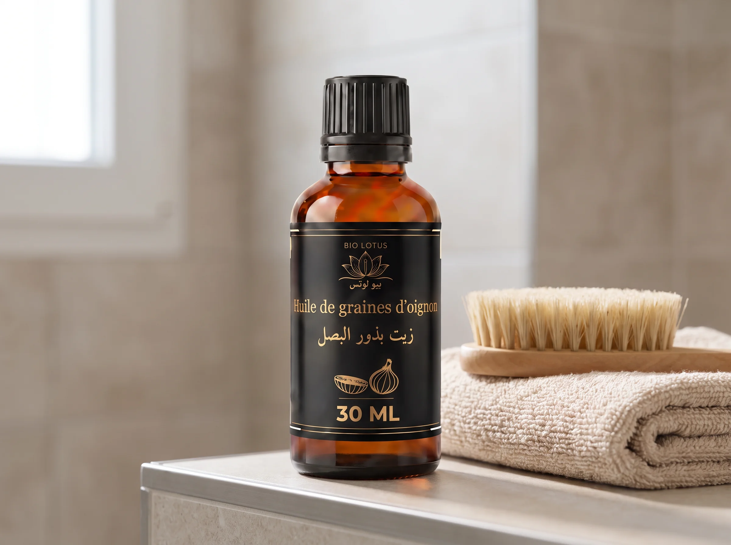 Huile de graines d’oignon Bio Lotus dans une salle de bain, brosse et serviette, routine capillaire