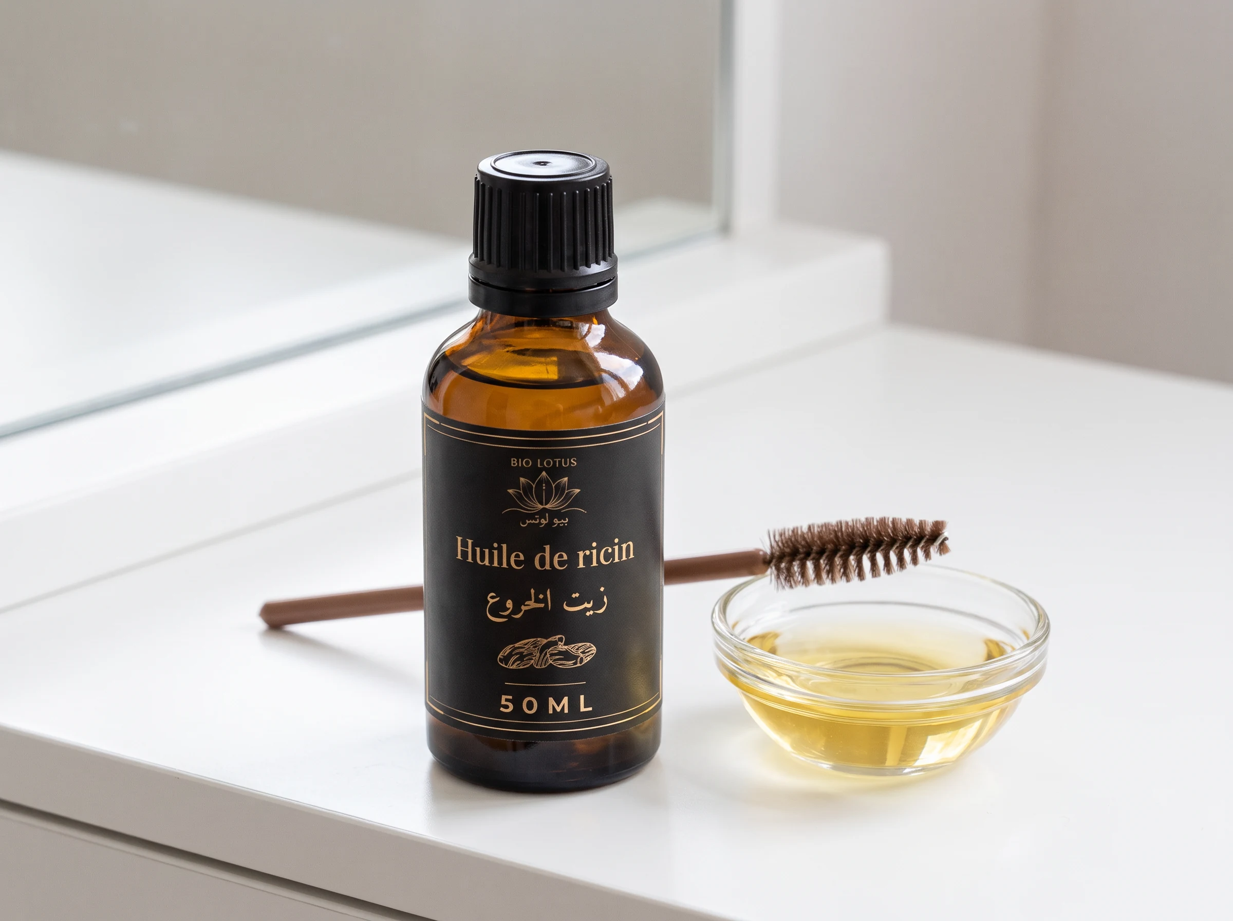 Application d'huile de ricin Bio Lotus sur les cils et sourcils pour un soin nourrissant