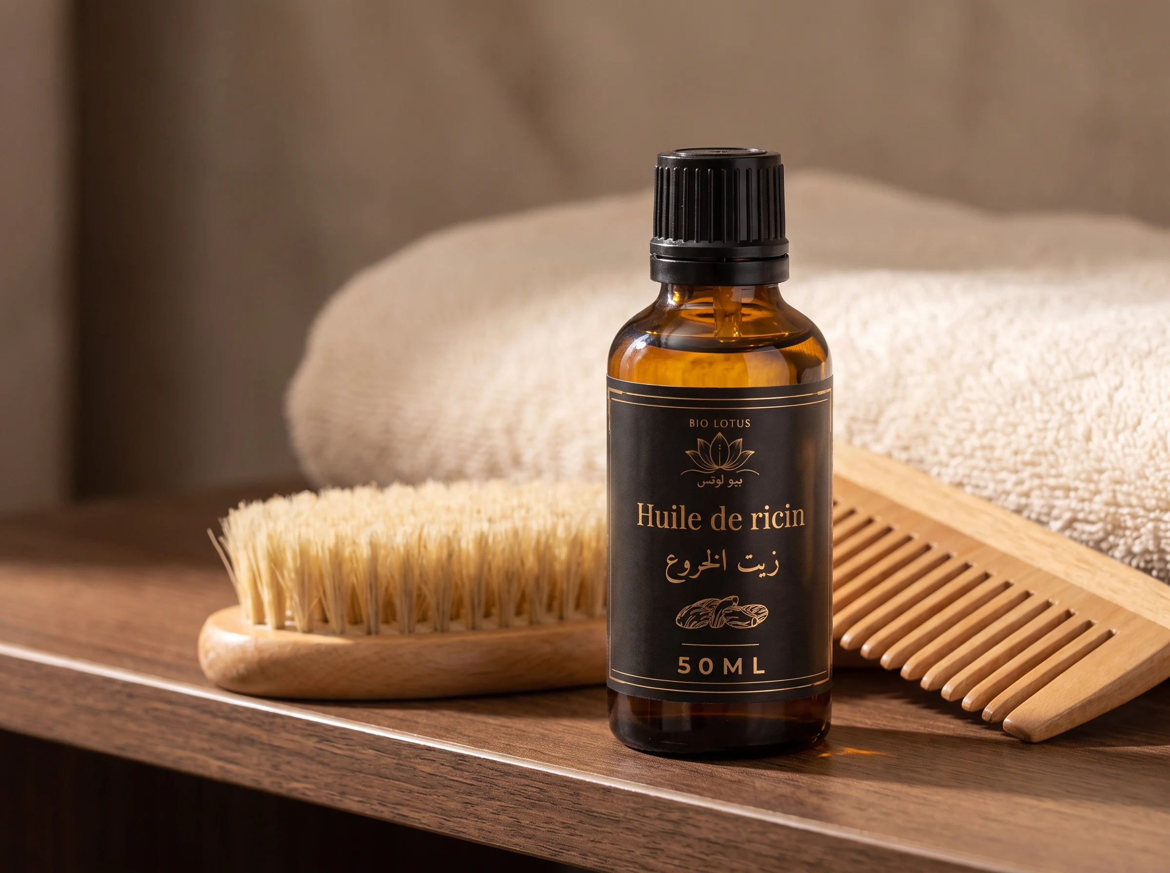 Huile de ricin pure Bio Lotus appliquée en soin capillaire pour fortifier les cheveux