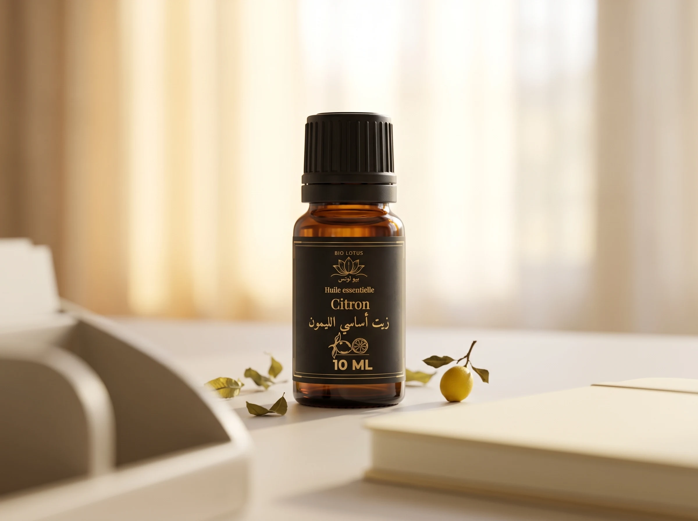 Huile essentielle de citron Bio Lotus dans une lumière matinale, soin cutané tonifiant