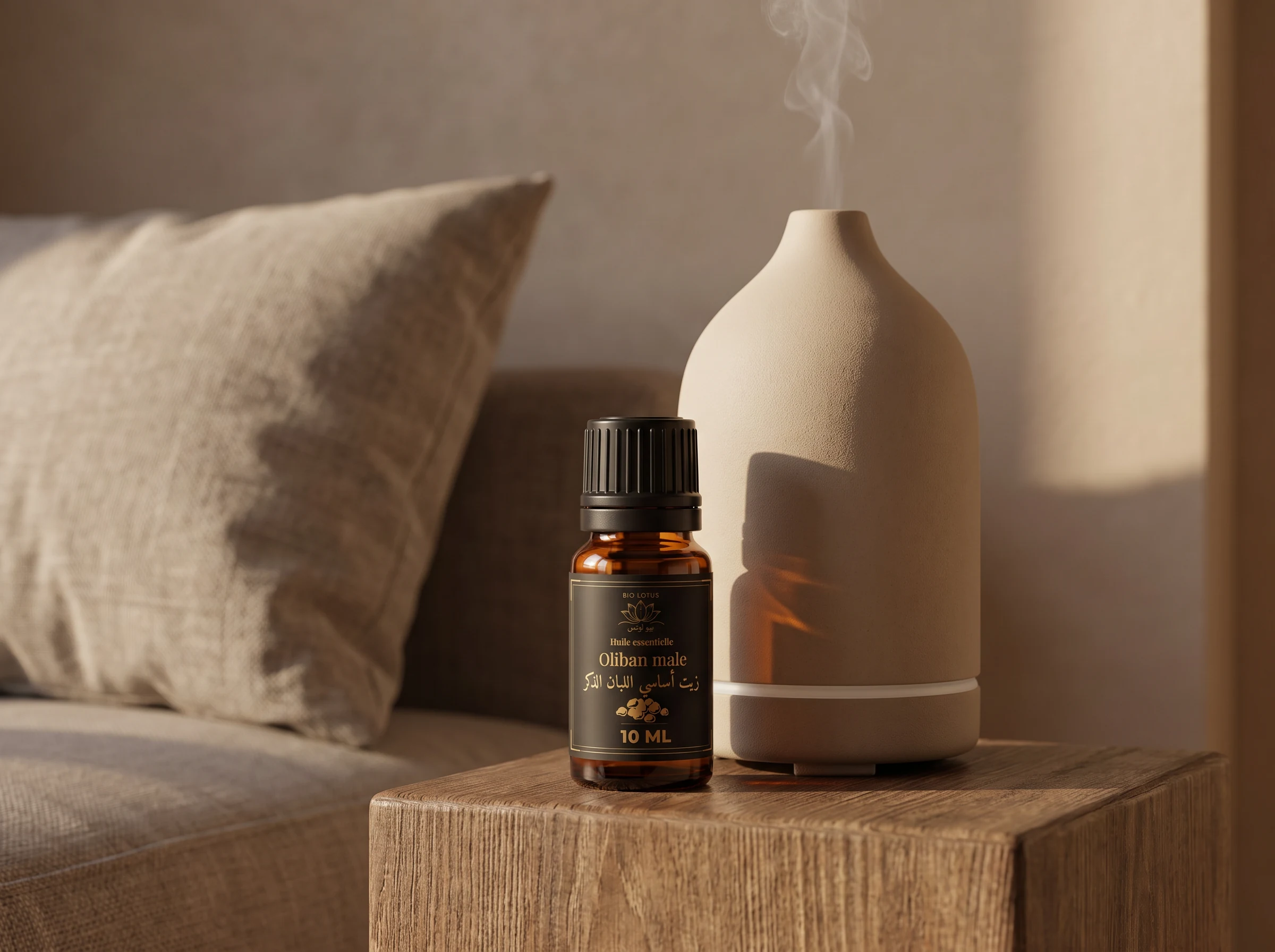 Diffusion de l'huile essentielle d'encens en aromathérapie pour la méditation, ambiance zen
