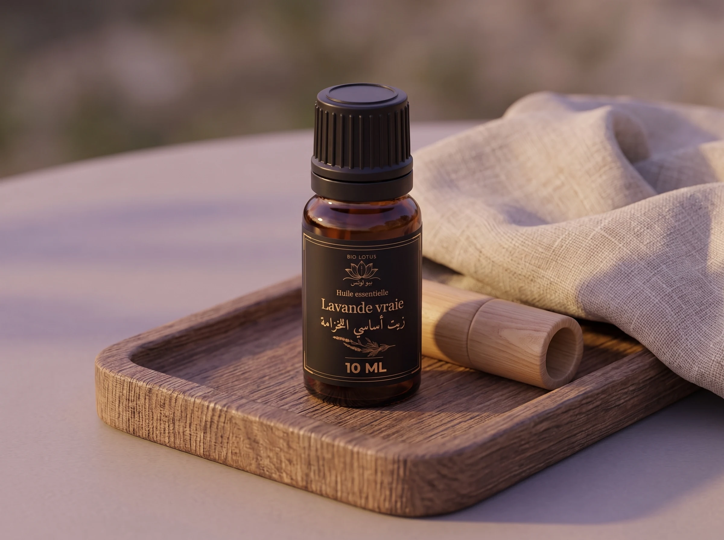 Rituel d'application de l'huile essentielle de lavande diluée sur la peau Bio Lotus