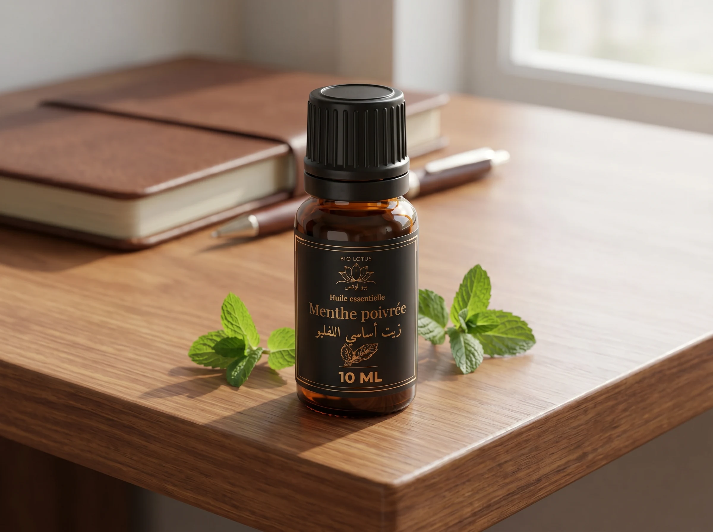 Huile essentielle de menthe poivrée Bio Lotus sur un bureau pour la clarté mentale et la concentration