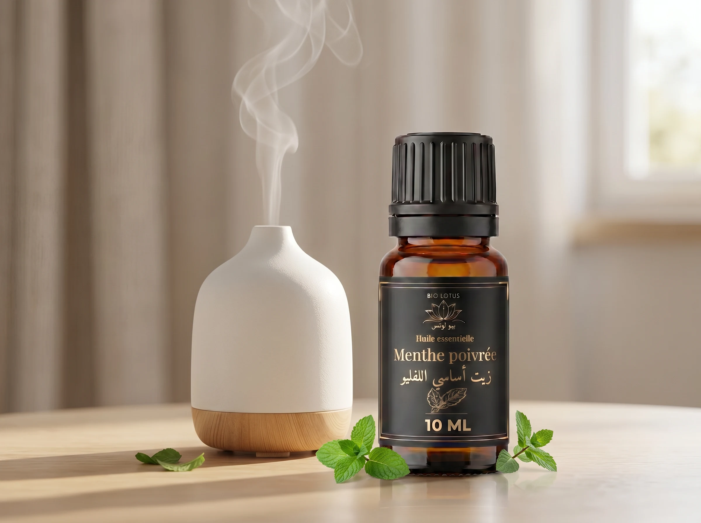 Huile essentielle de menthe poivrée Bio Lotus 10ml en rituel de diffusion vivifiante à côté d’un diffuseur