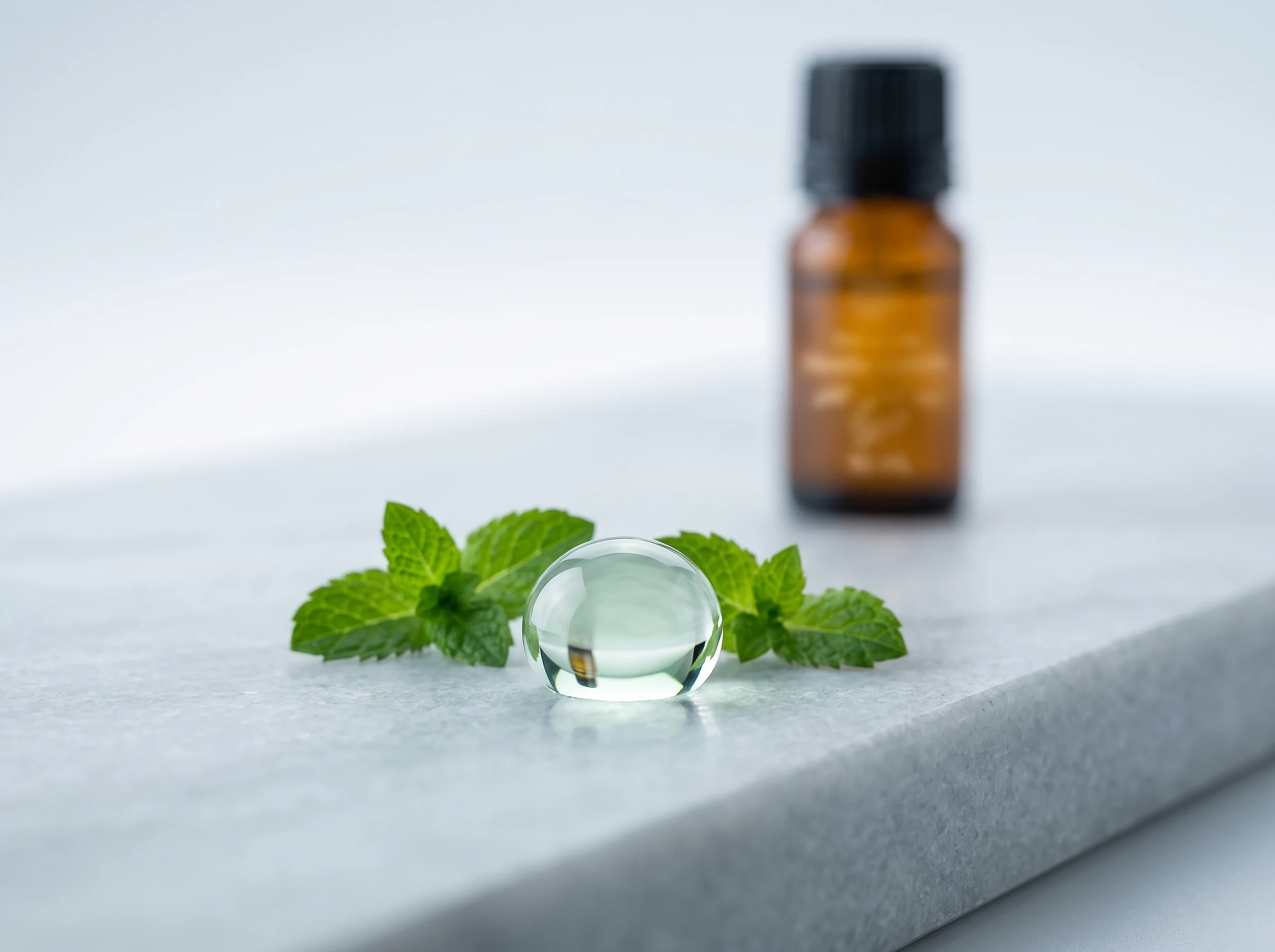 Goutte pure d’huile essentielle de menthe poivrée Bio Lotus entourée de feuilles de menthe fraîches