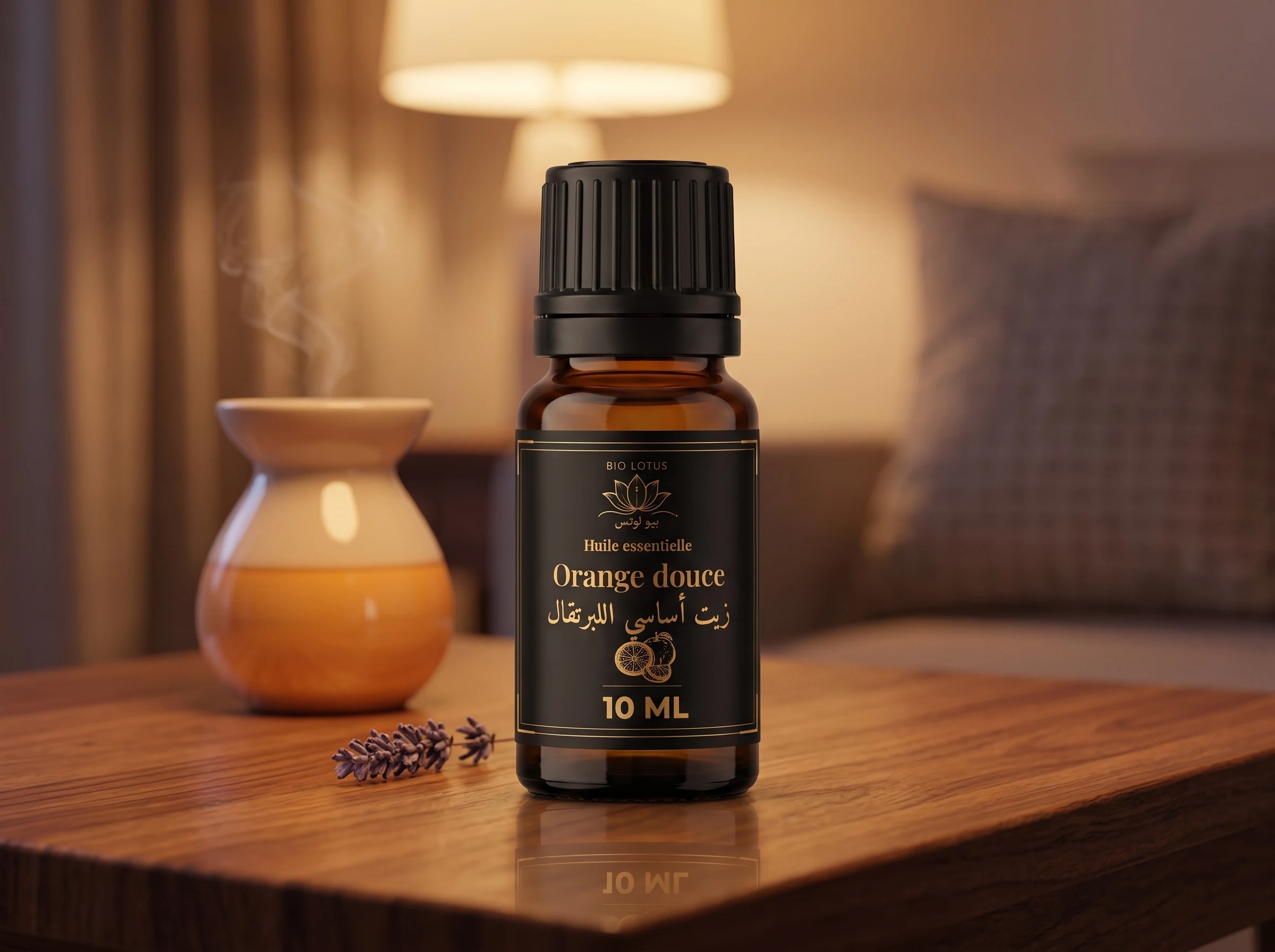 Diffusion aromatique d'huile essentielle d'orange douce Bio Lotus avec brin de lavande