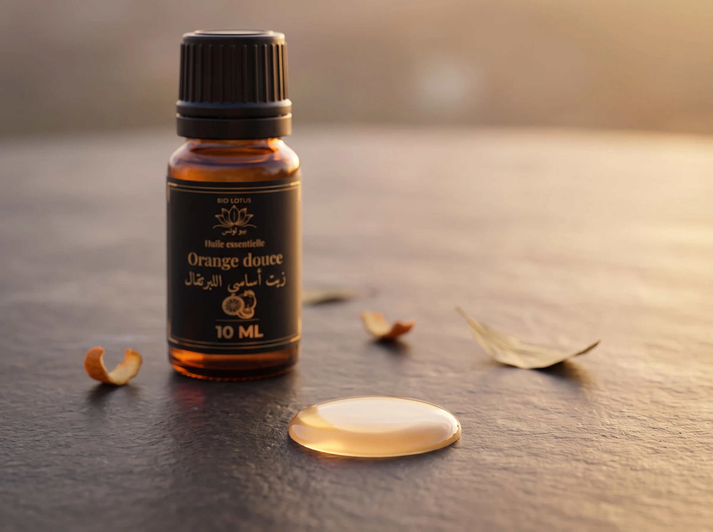 Goutte d'huile essentielle d'orange douce pure Bio Lotus en gros plan