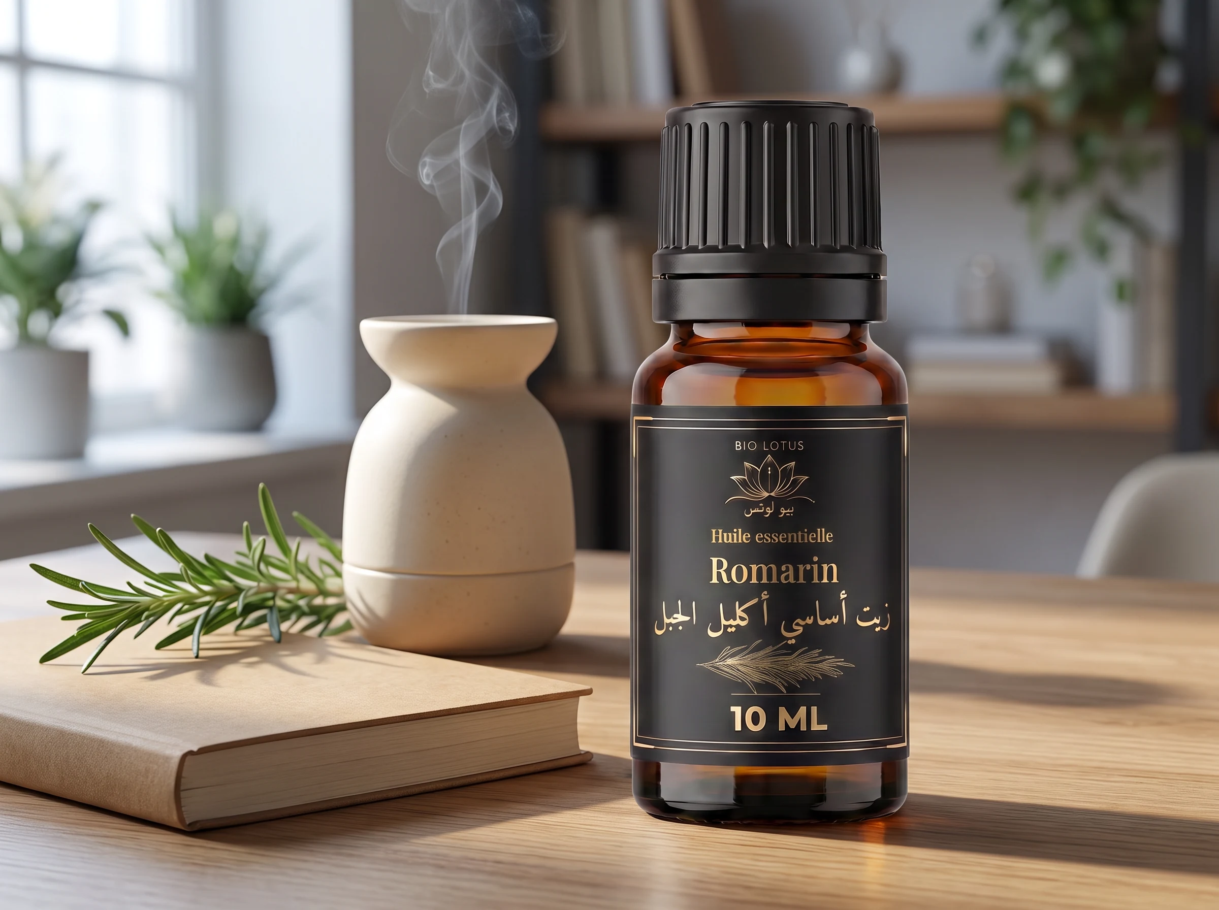 Flacon d'huile essentielle de romarin sur un bureau avec diffuseur en céramique et vapeur, ambiance de concentration
