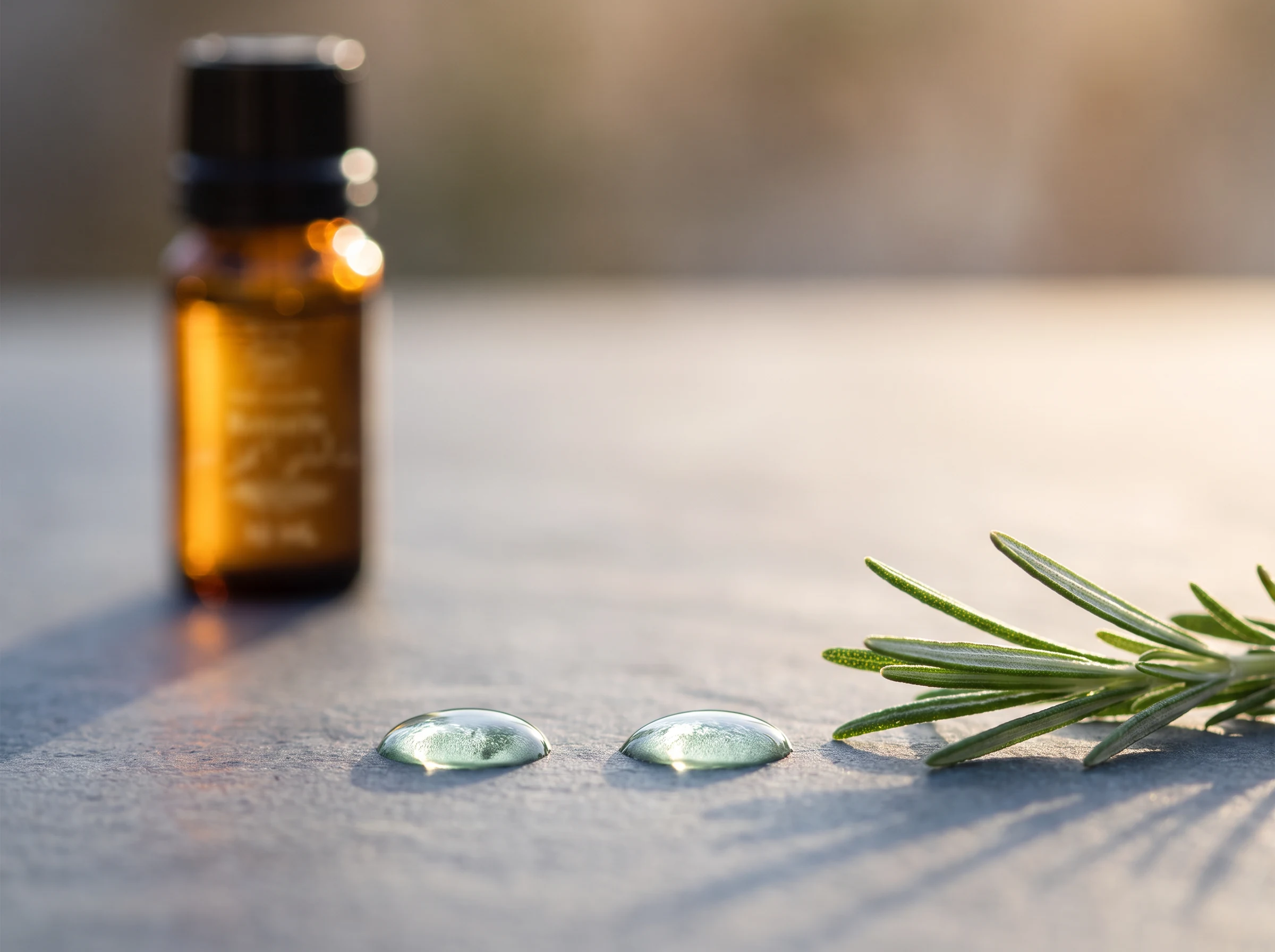 Gouttes d'huile essentielle de romarin pure et cristalline avec un brin de romarin frais en gros plan