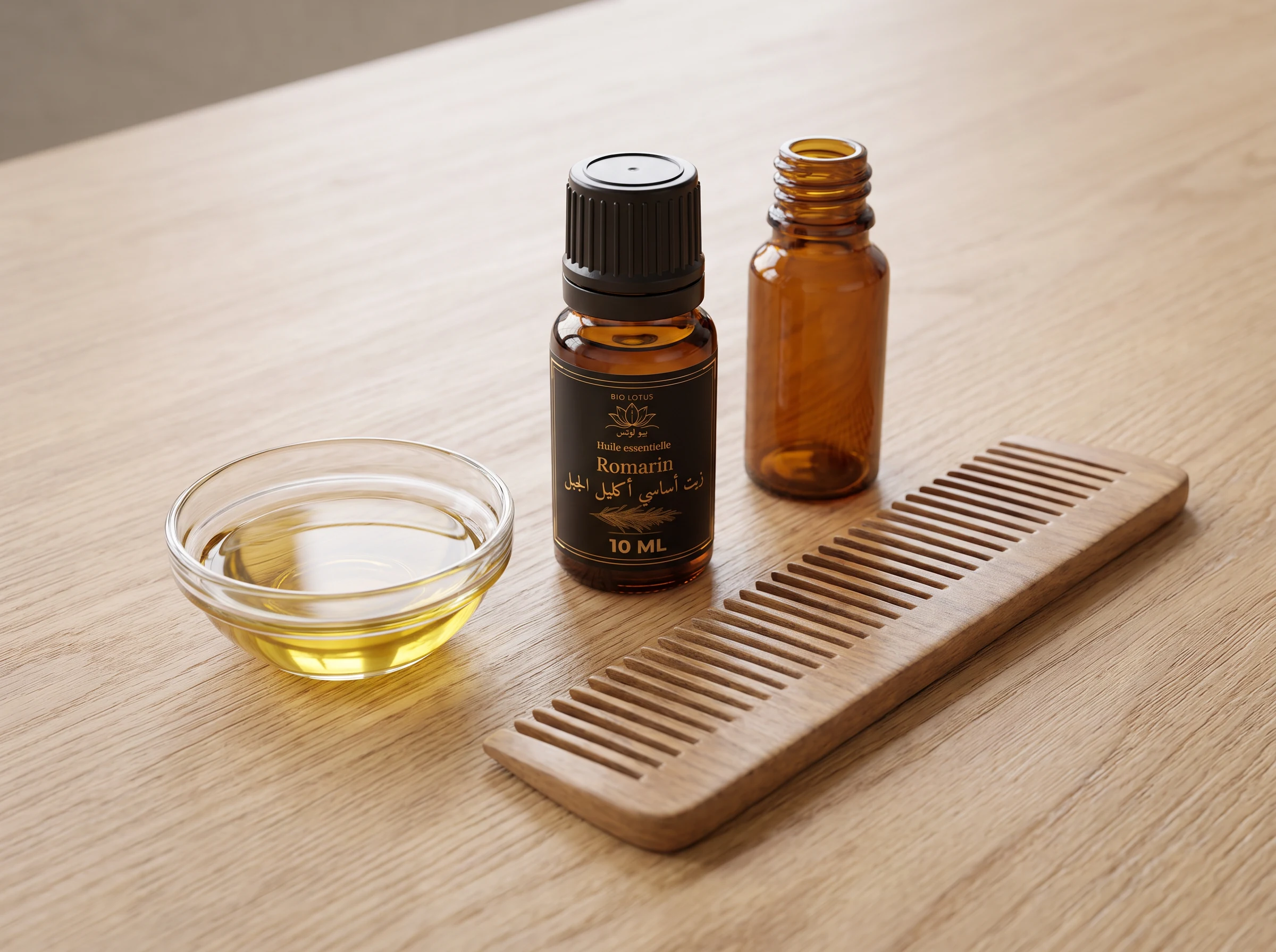 Huile essentielle de romarin diluée dans un bol avec un peigne en bois, préparation pour massage du cuir chevelu