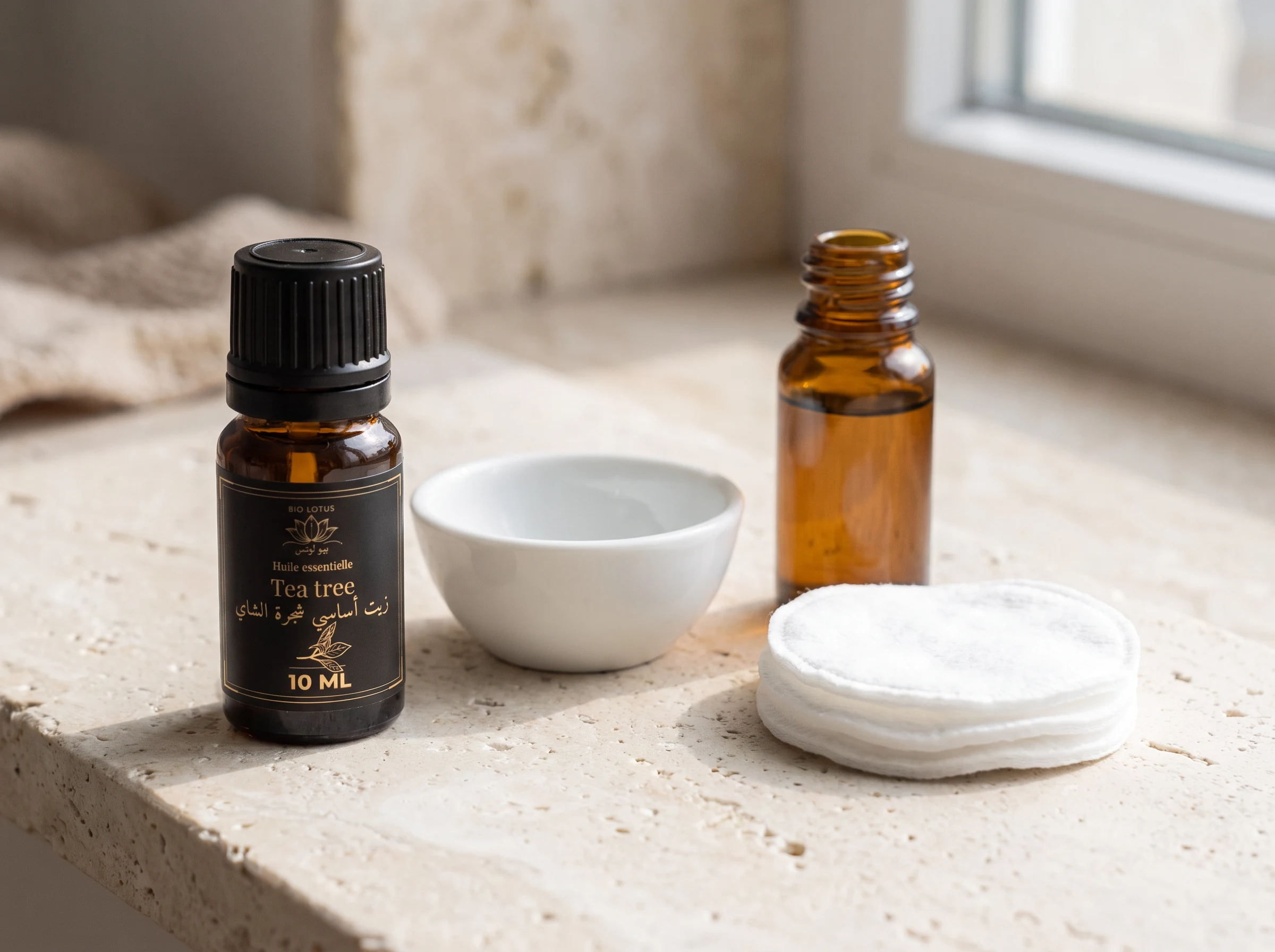 Dilution mesurée de l'huile essentielle tea tree dans un bol avec disques démaquillants, geste précis pour la peau