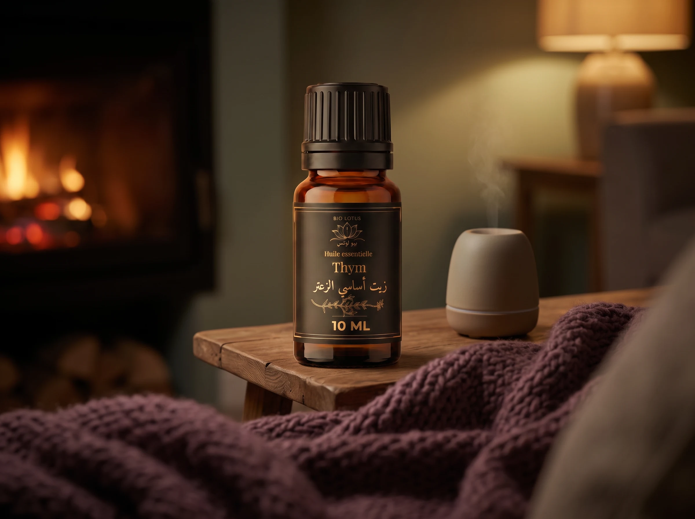 Diffusion d'huile essentielle de thym pour une ambiance hivernale chaleureuse au salon