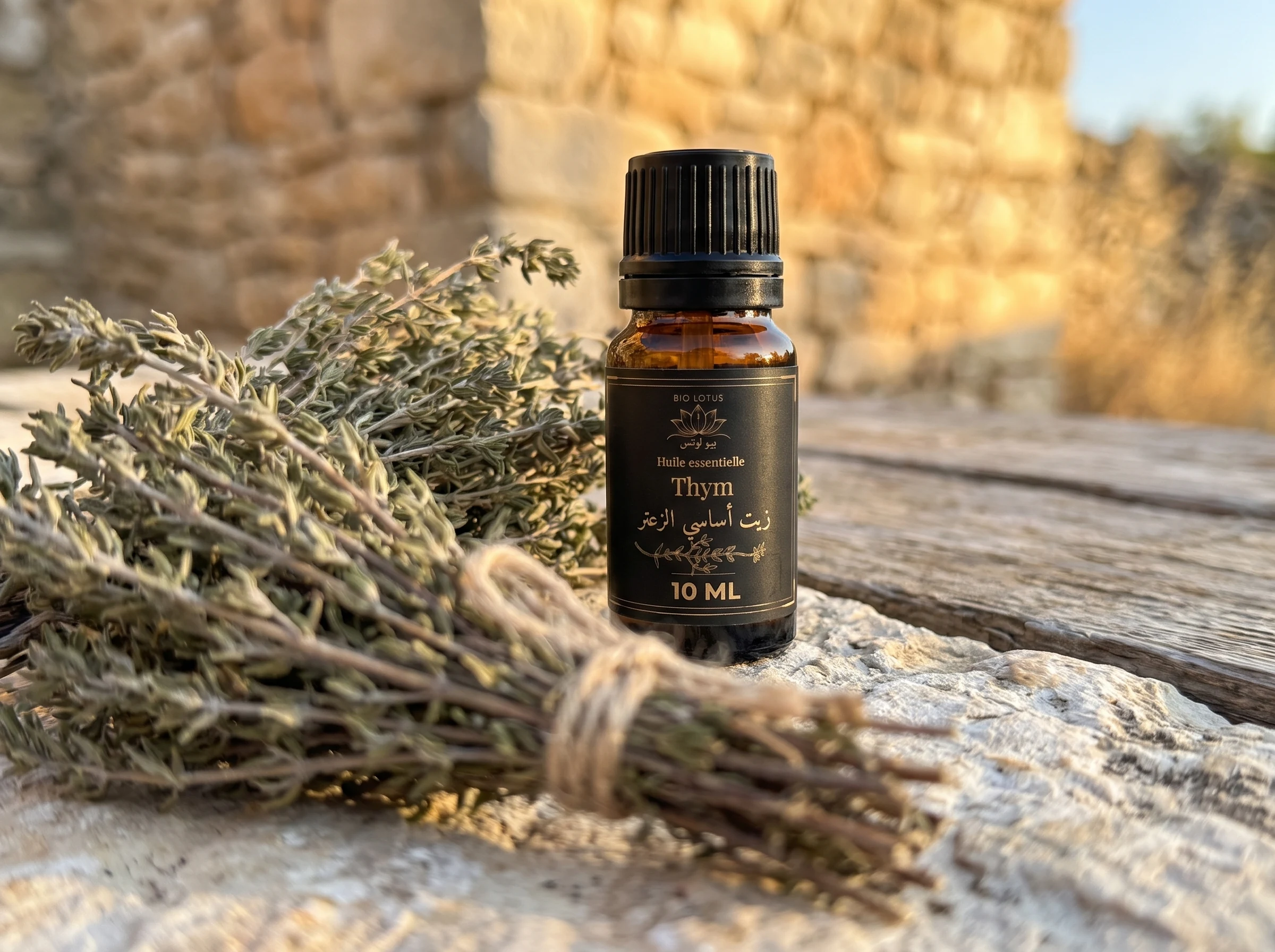Huile essentielle de thym pure Bio Lotus entourée d'un bouquet de thym séché méditerranéen