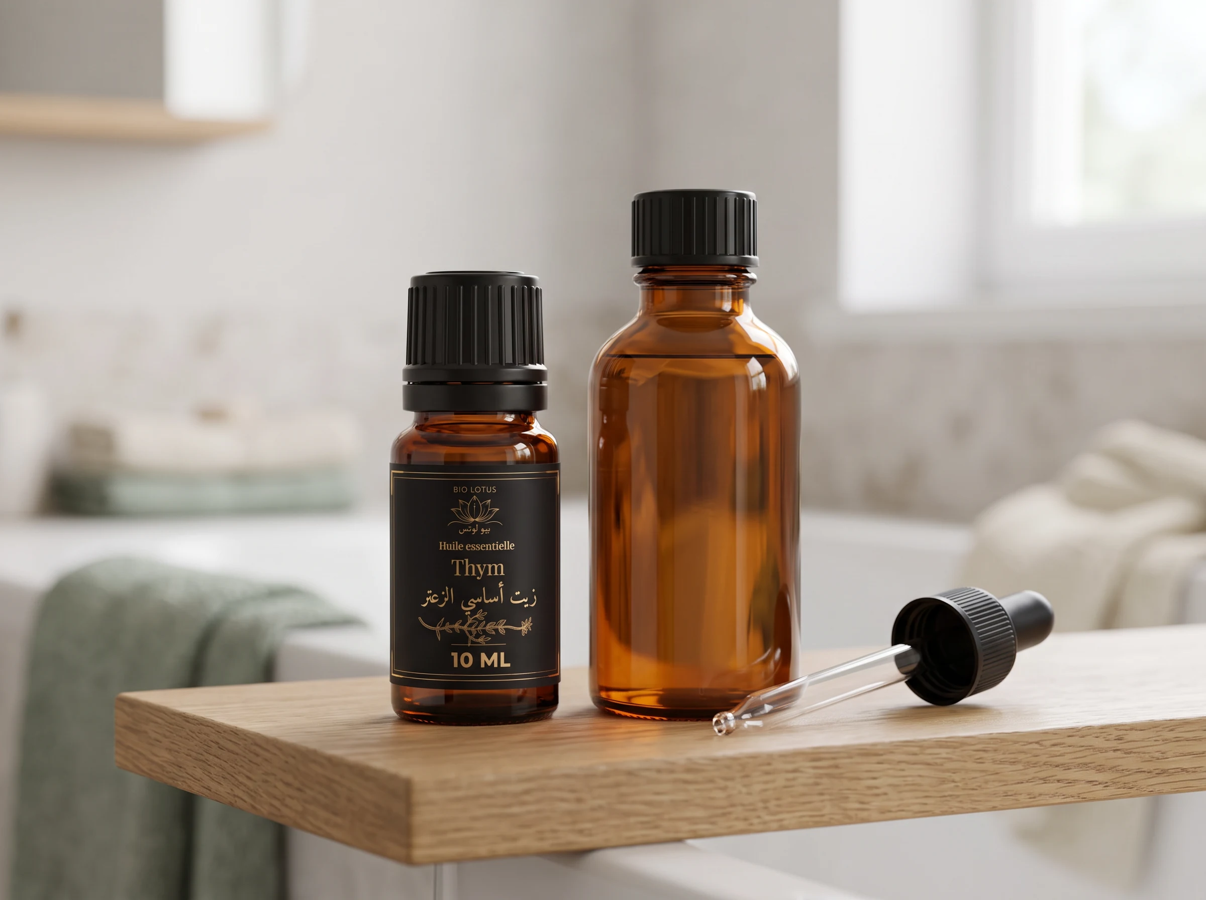 Huile essentielle de thym Bio Lotus pour soin du cuir chevelu, flacon compte-gouttes