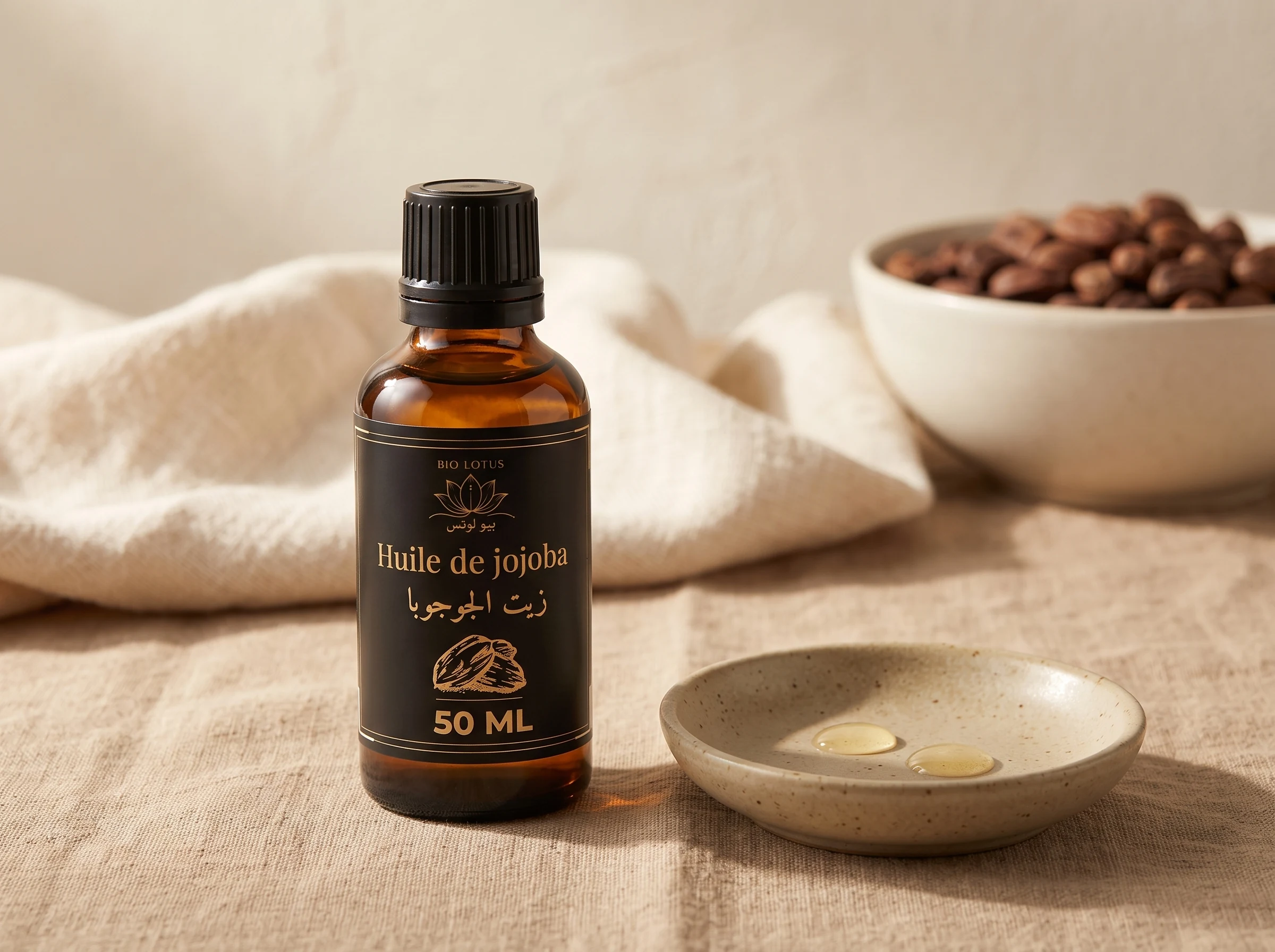 Huile de jojoba pure Bio Lotus avec graines de jojoba naturelles