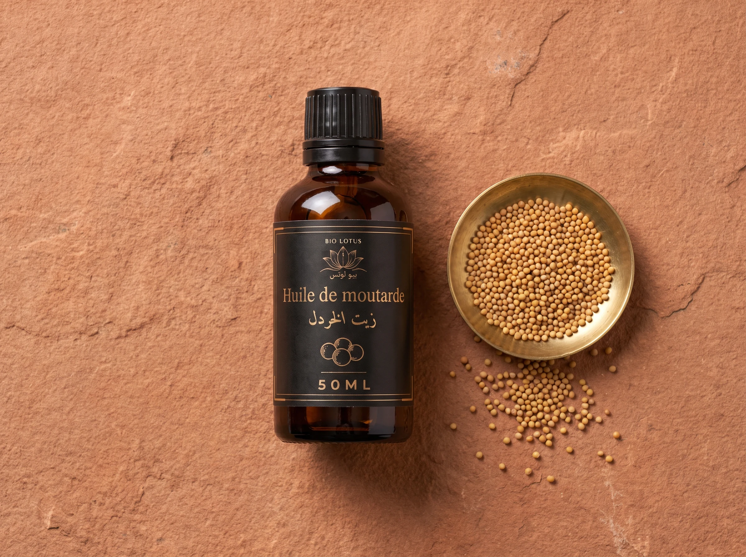 Graines de moutarde et flacon d'huile de moutarde Bio Lotus, pressée à froid à Sfax