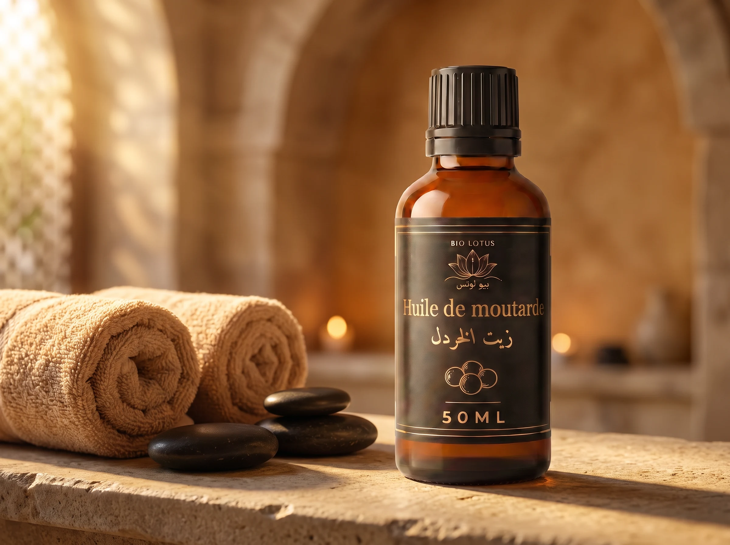 Huile de moutarde Bio Lotus pour massage corporel réchauffant, ambiance spa avec pierres chaudes et serviettes