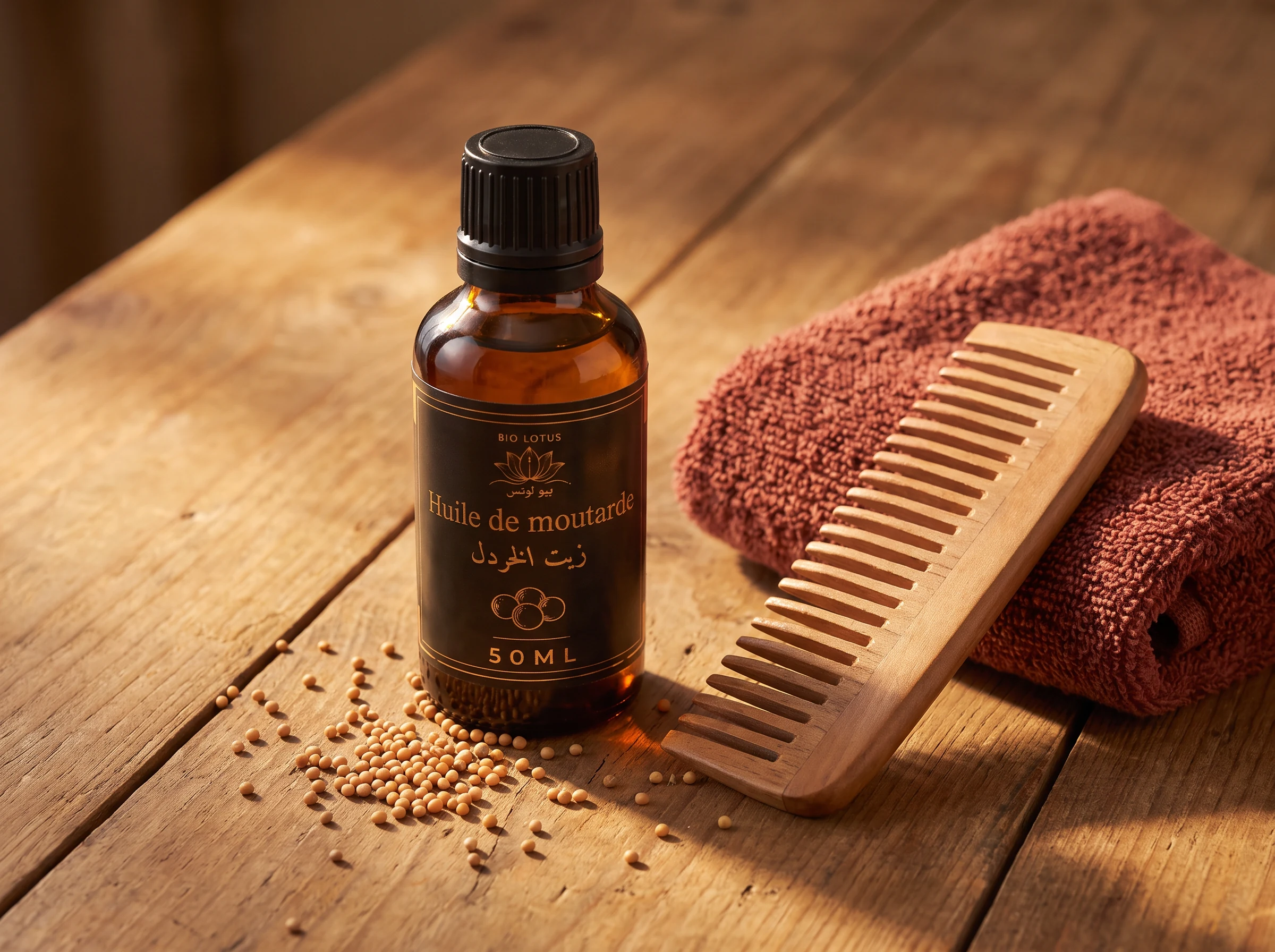 Huile de moutarde Bio Lotus utilisée en soin capillaire fortifiant avant-shampooing avec un peigne en bois