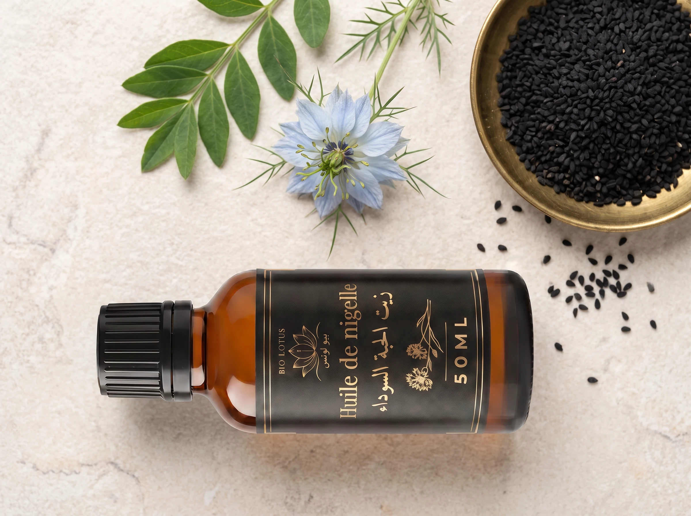 Huile de nigelle Bio Lotus et graines noires de Nigella sativa, origine Tunisie