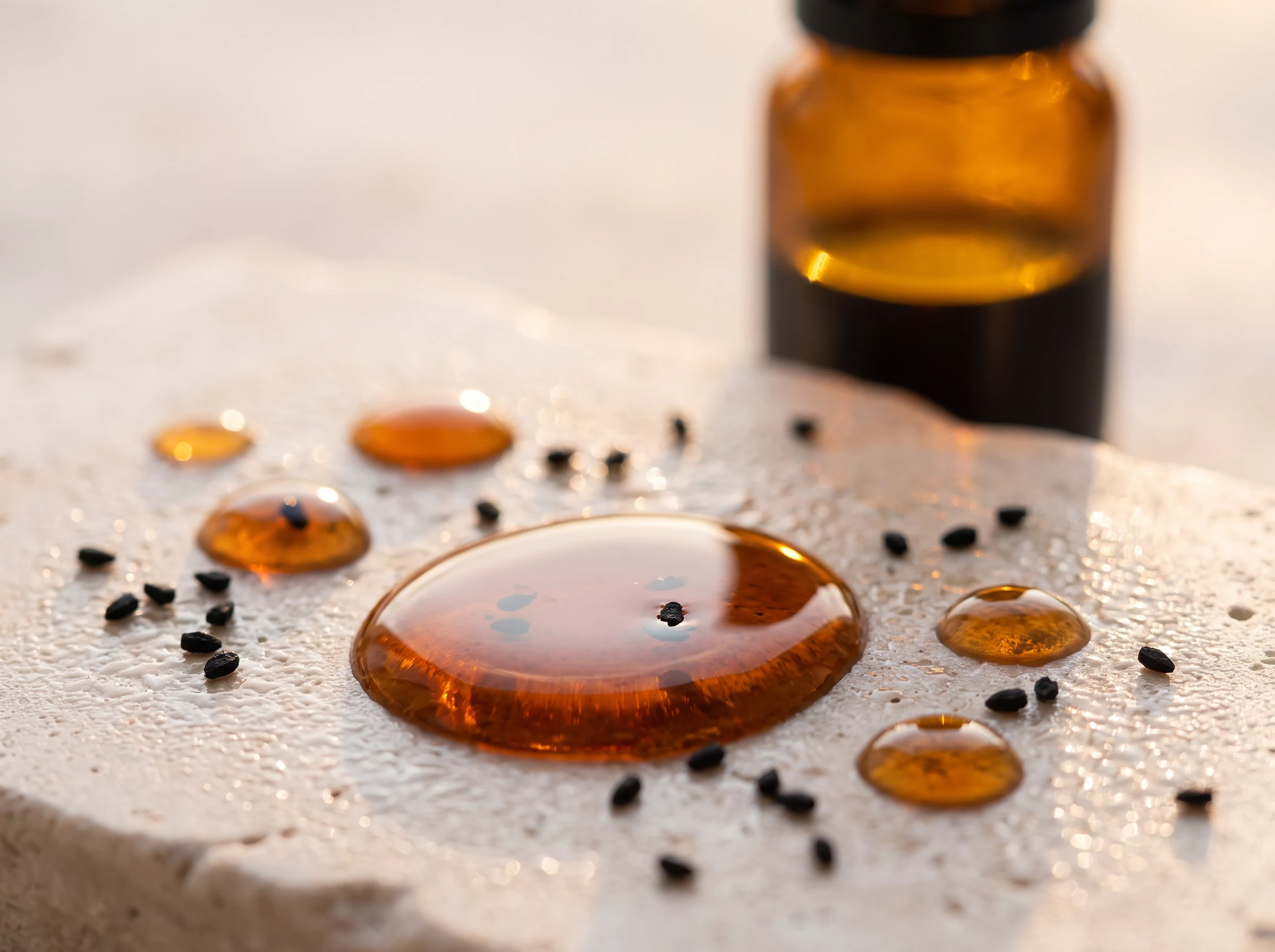 Texture ambrée de l'huile de nigelle Bio Lotus pour cheveux brillants