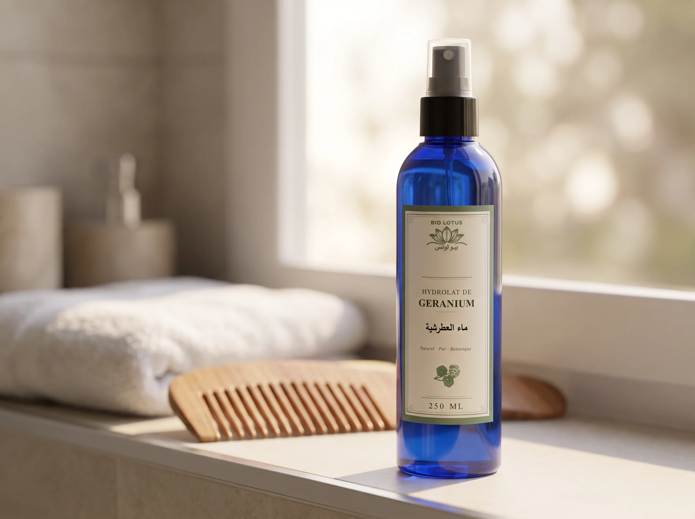 Flacon d'hydrolat de géranium Bio Lotus posé sur une vasque de salle de bain avec peigne en bois et serviette