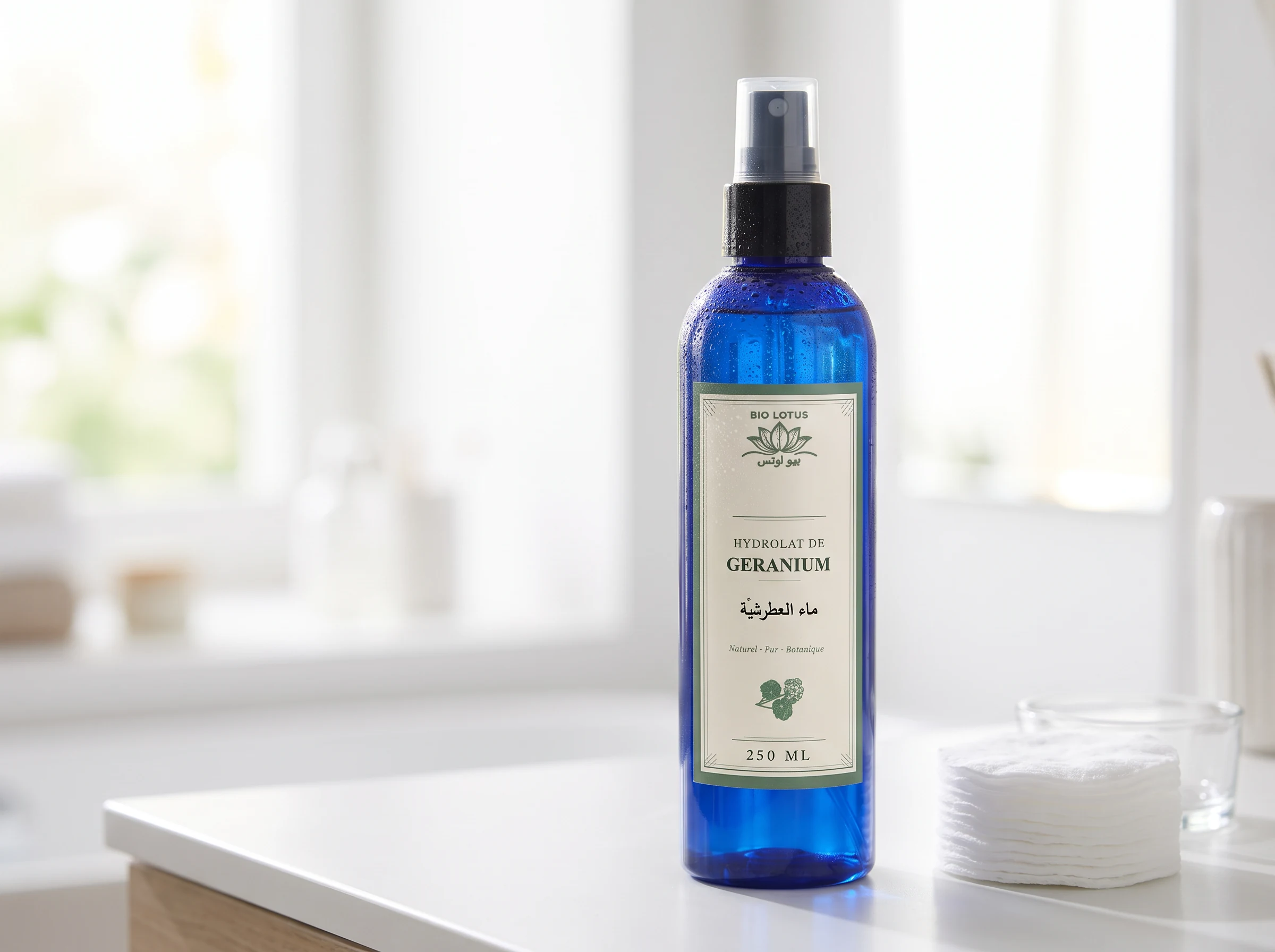 Hydrolat de géranium Bio Lotus utilisé comme toner visage du matin avec des cotons démaquillants