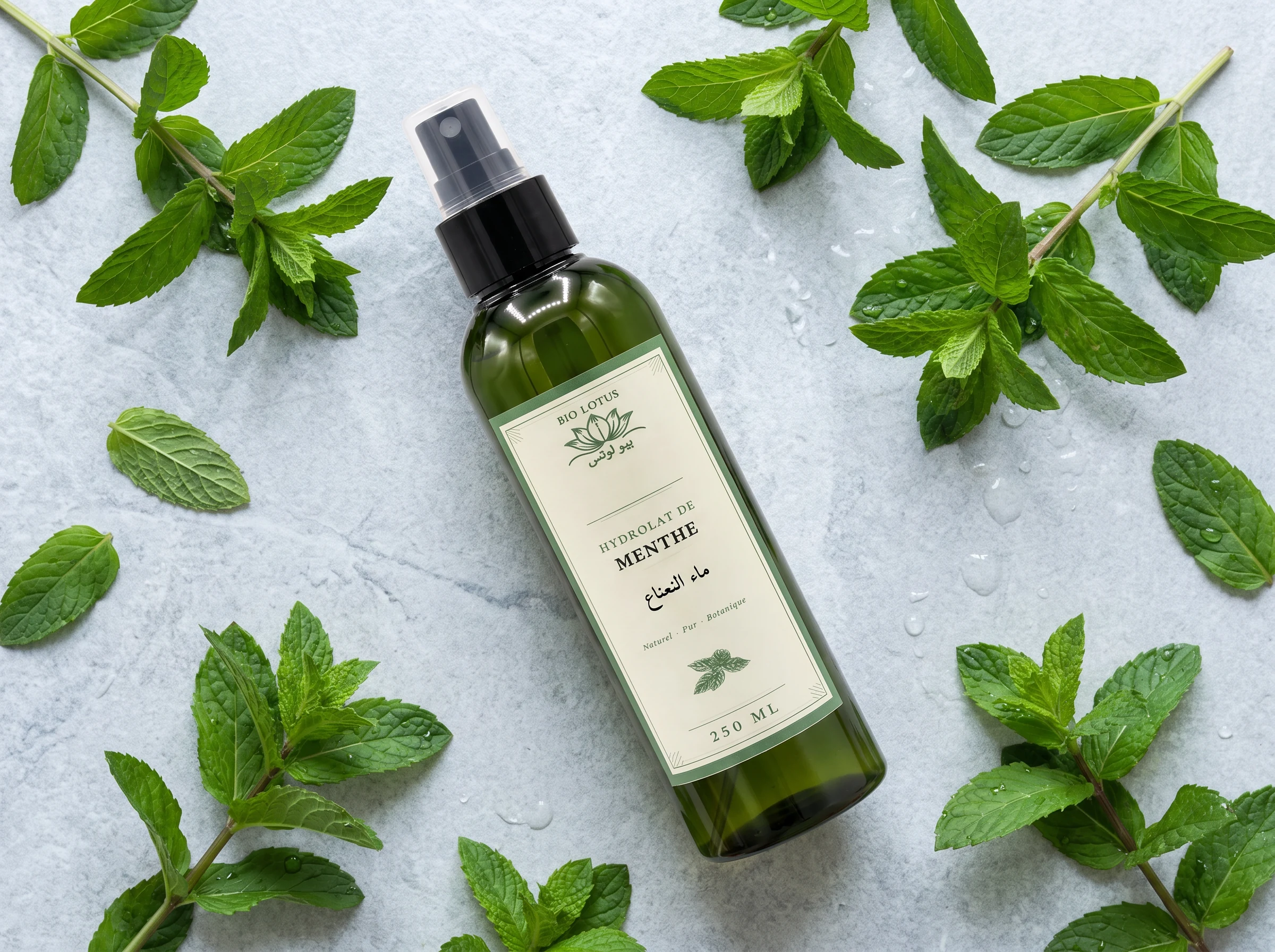 Hydrolat de menthe Bio Lotus 250ml avec feuilles de menthe fraîche Mentha spicata