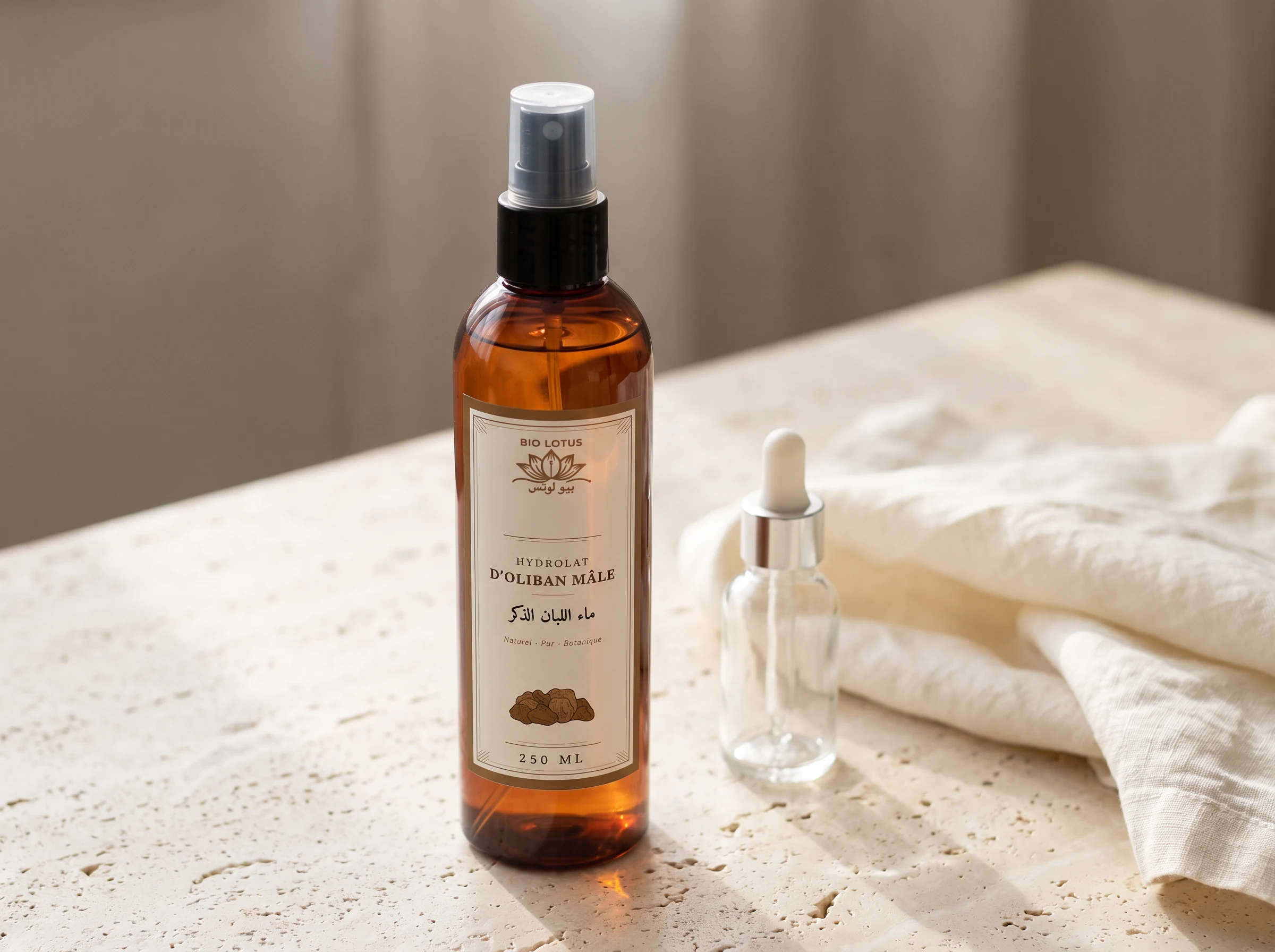 Flacon d’hydrolat d’oliban Bio Lotus à côté d’un flacon de sérum, avant l’application d’un soin