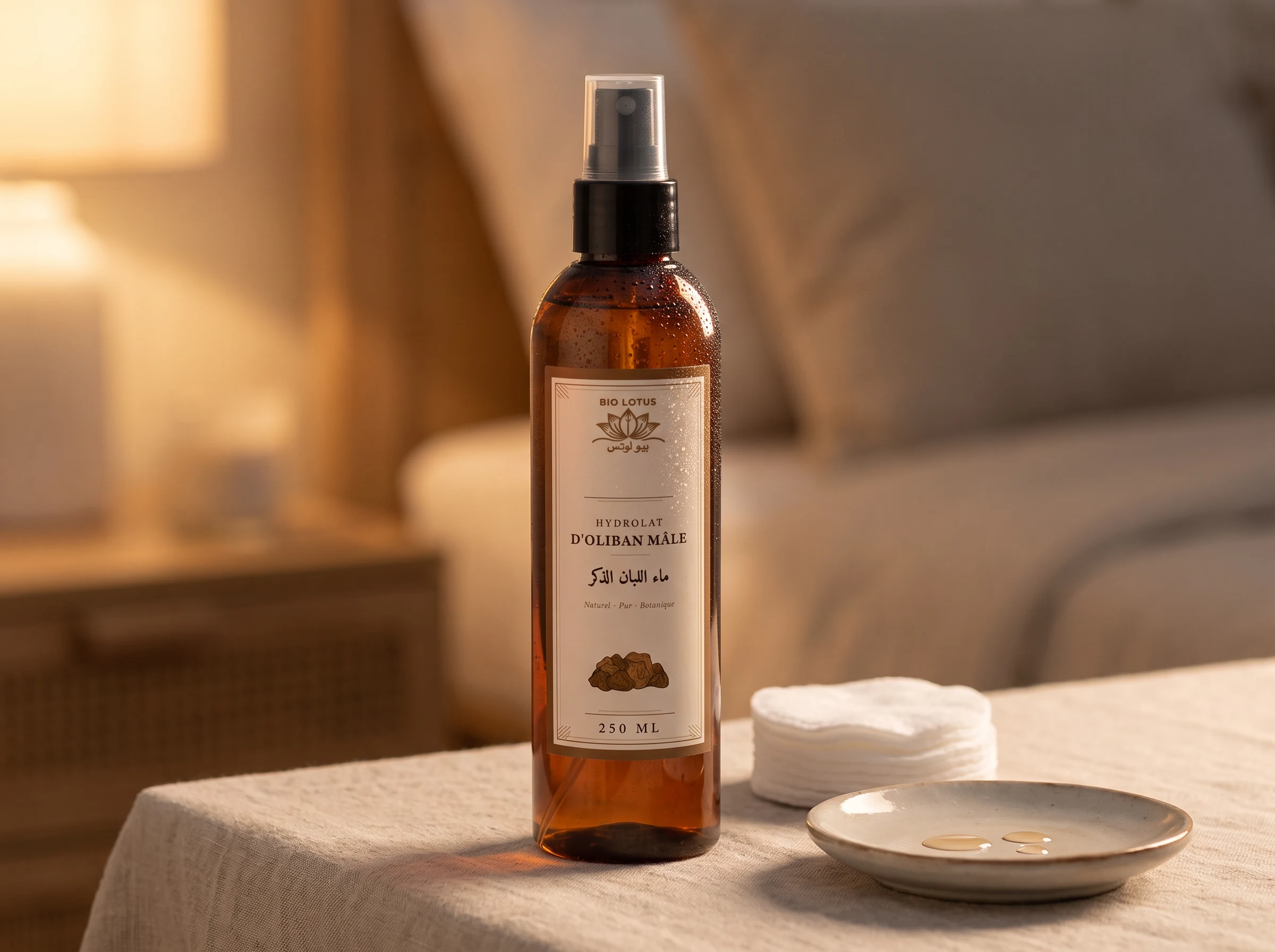 Flacon d’hydrolat d’oliban Bio Lotus avec des cotons réutilisables, prêt pour la routine cosmétique