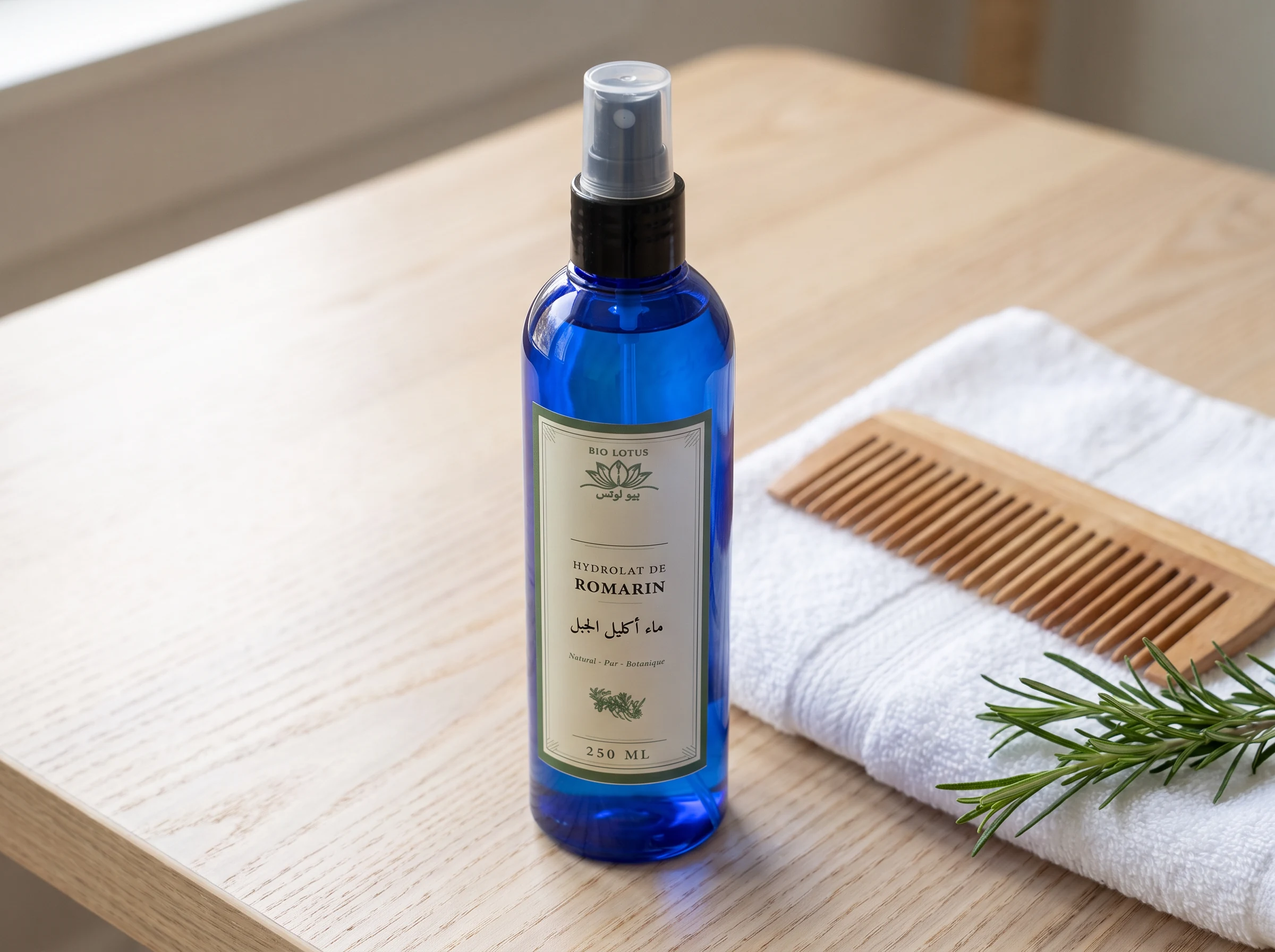 Hydrolat de romarin appliqué en soin pré-shampoing sur le cuir chevelu