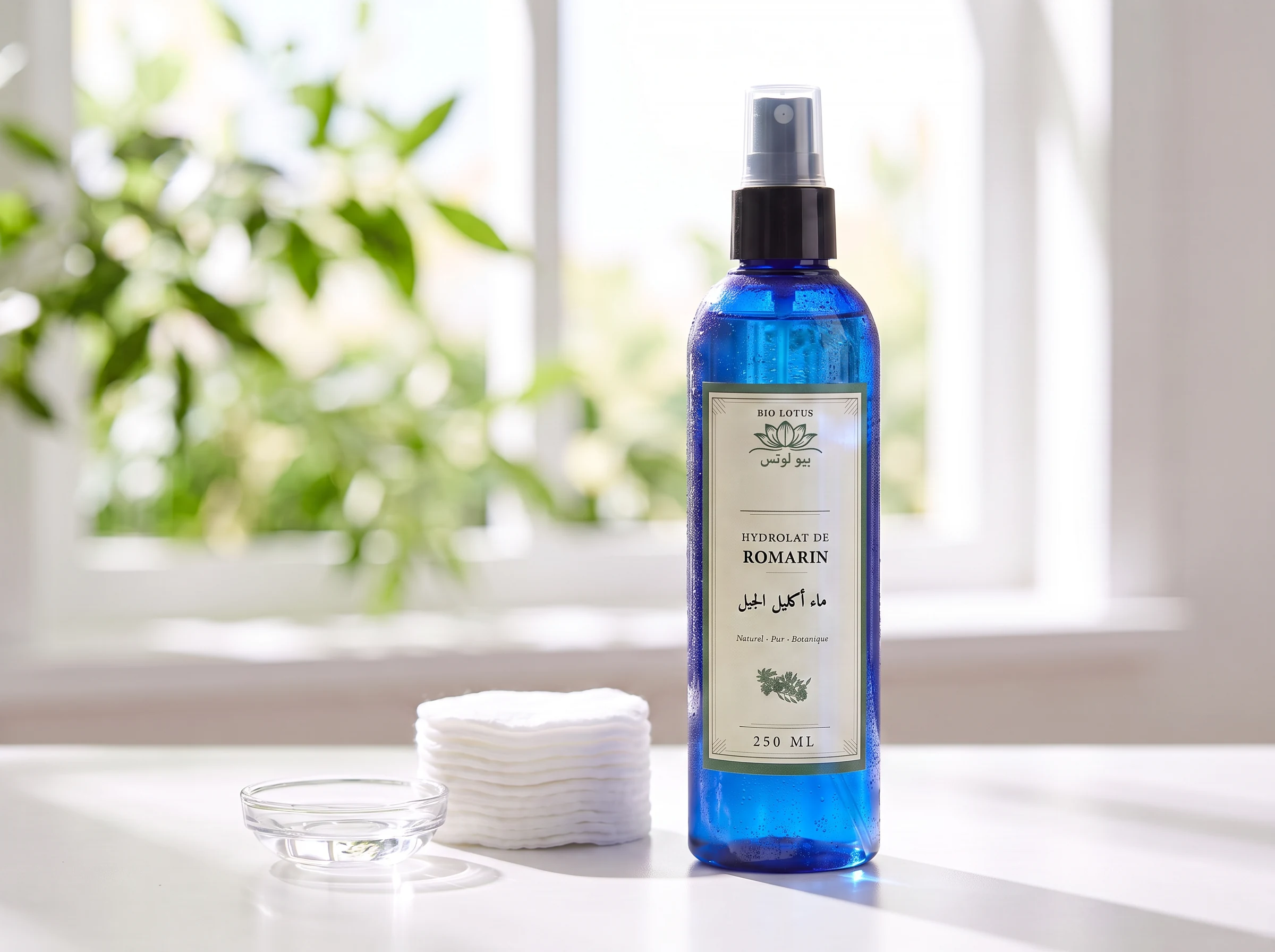 Hydrolat de romarin appliqué en tonique visage sur coton pour peaux mixtes