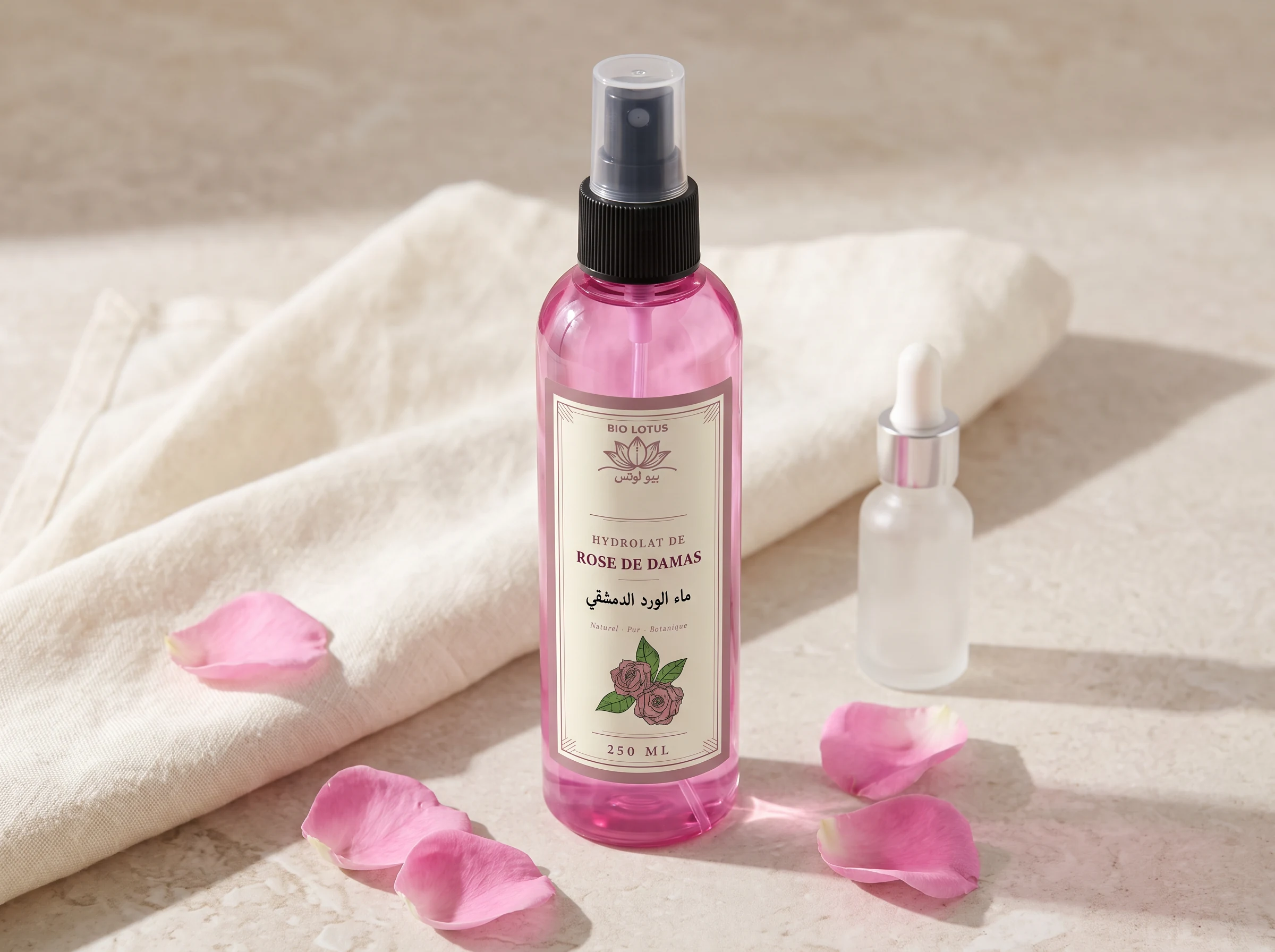 Eau de rose de Damas en base de routine beauté avant sérum - hydrolat tunisien Bio Lotus