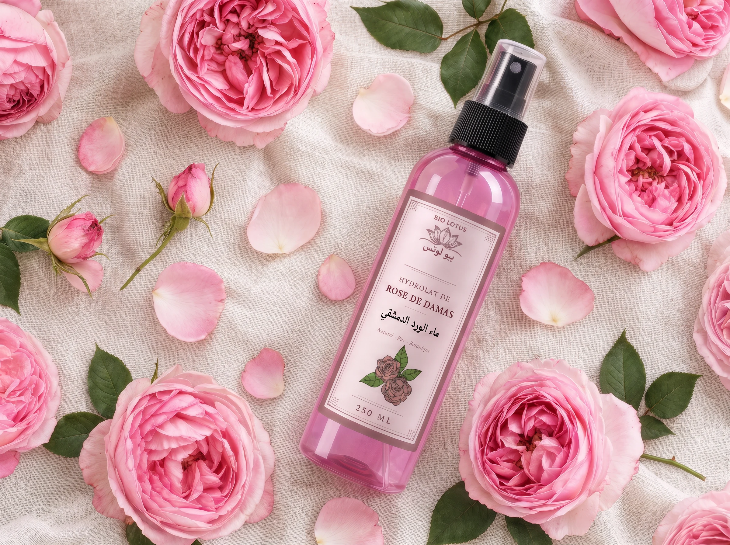 Eau de rose de Damas Bio Lotus avec pétales de Rosa damascena fraîches - hydrolat tunisien