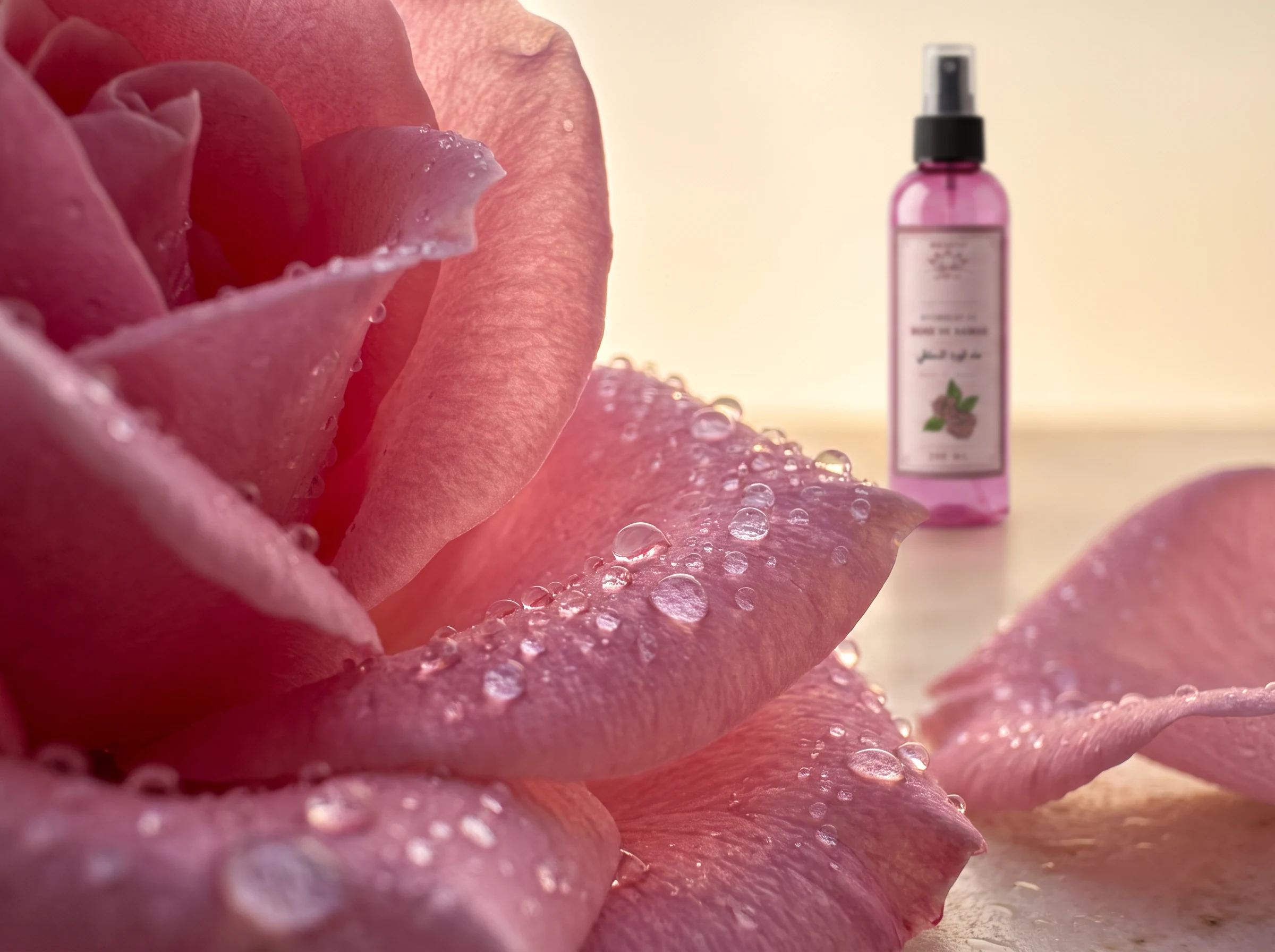 Pétales de rose de Damas couverts de rosée - hydrolat 100% naturel Bio Lotus