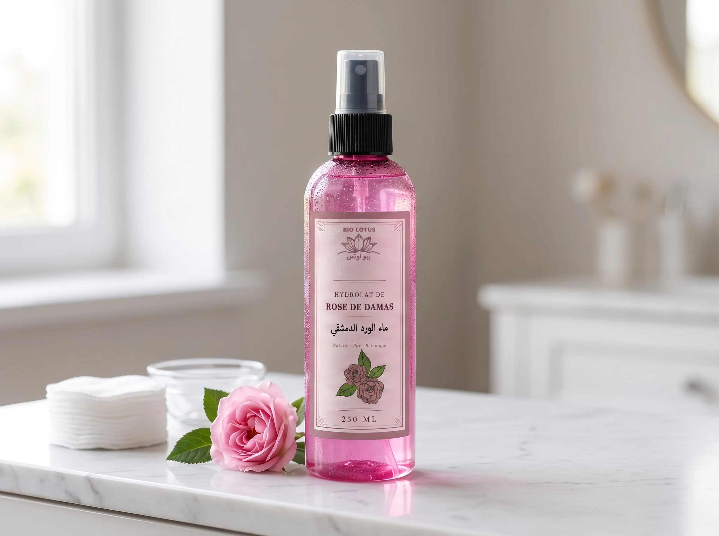 Application quotidienne de l'eau de rose de Damas comme toner naturel du visage