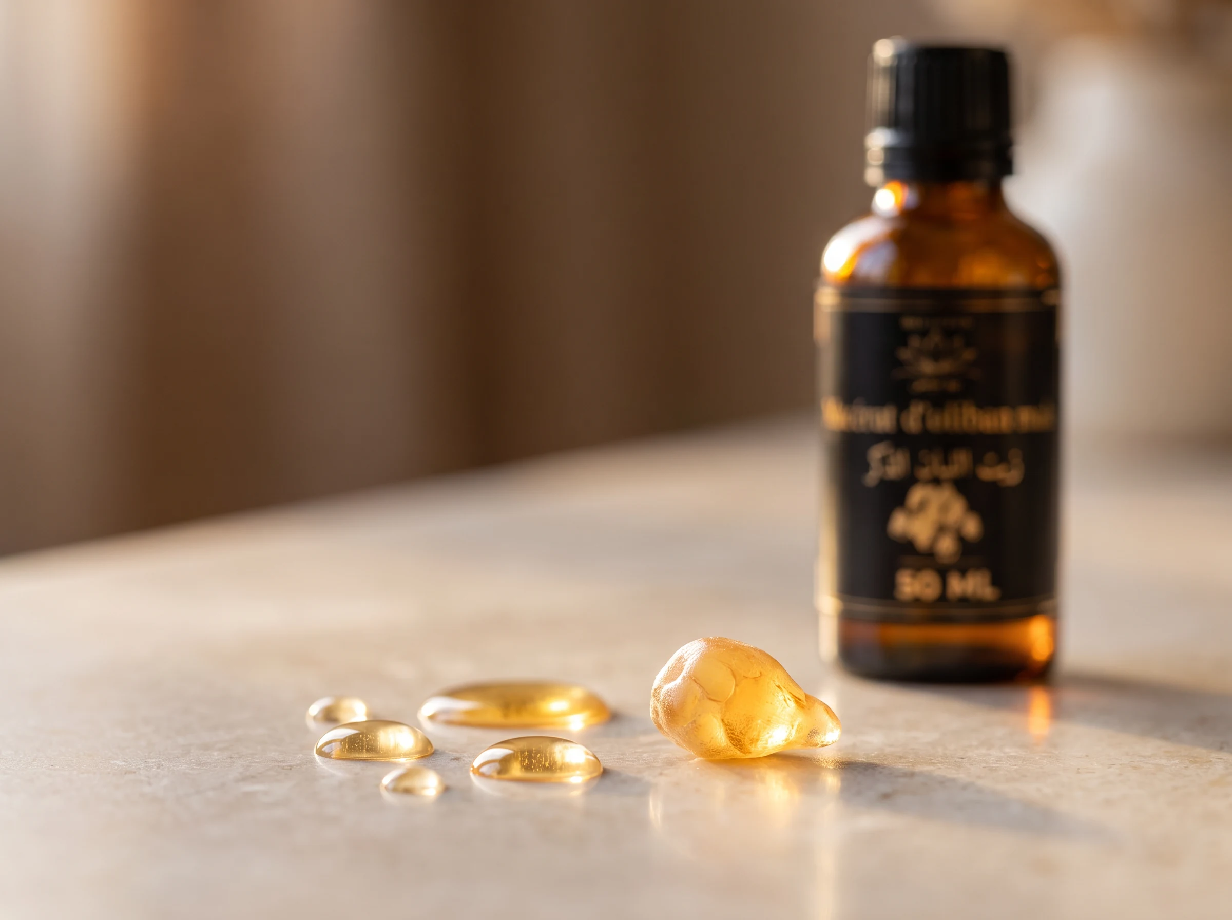 Texture dorée et fluide du macérat d'oliban Bio Lotus, résine Boswellia