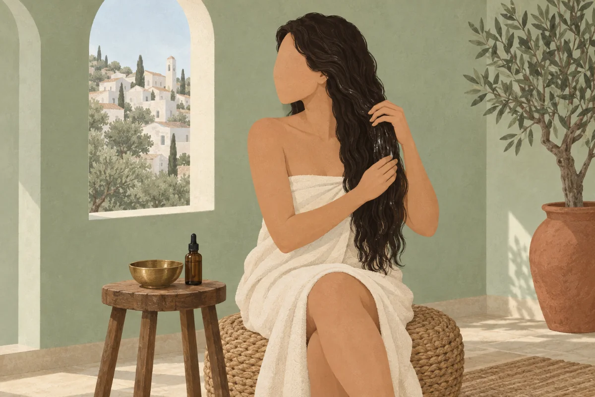 Illustration : femme en serviette, assise sur un pouf, qui fait glisser de l’huile végétale sur la longueur de ses cheveux, bol et flacon compte-gouttes sur un tabouret